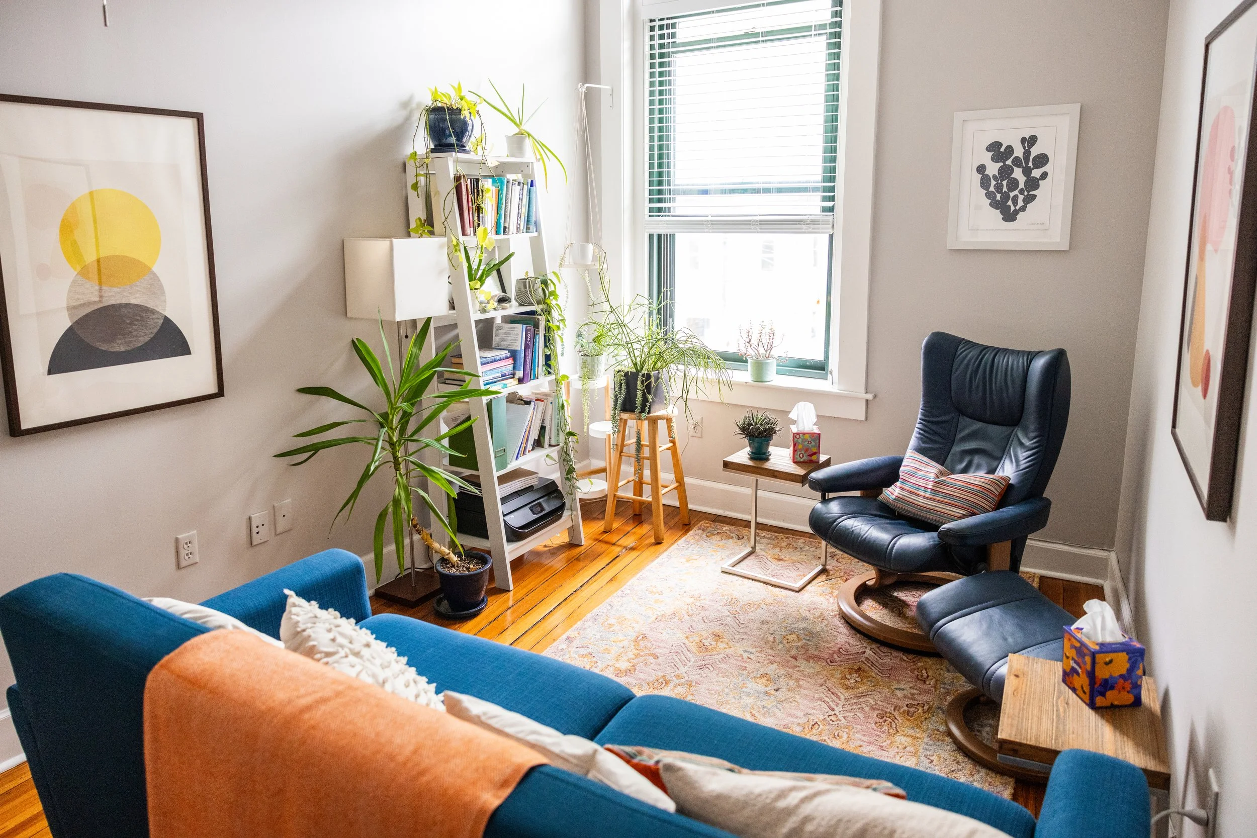 image of the office of Madeline Nussbaum, bright sunny room with teal couch, patterned room, leather chair, plants