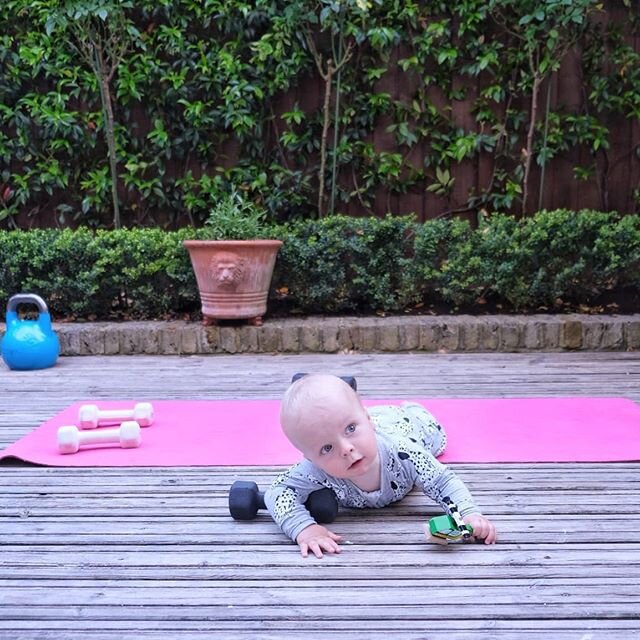 When you're looking for something heavier than your teeny tiny dumbbells, but lighter than your husband's kettlebells... aaaand perhaps a little less squirmy 🤪  Thanks for the offer though little love 😘 #mrjameselliott #workoutoftheday .
.
.
.
.
.
