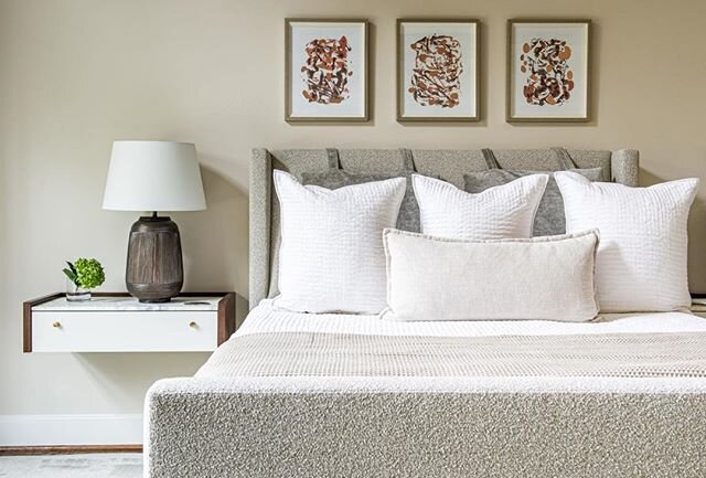 Cozy vibes in our latest master bedroom install. We love to float nightstands whenever possible as it balances the weight of the upholstered bed. We used left over remnants of marble from a past project to elevate the look. Both bed &amp; nightstands
