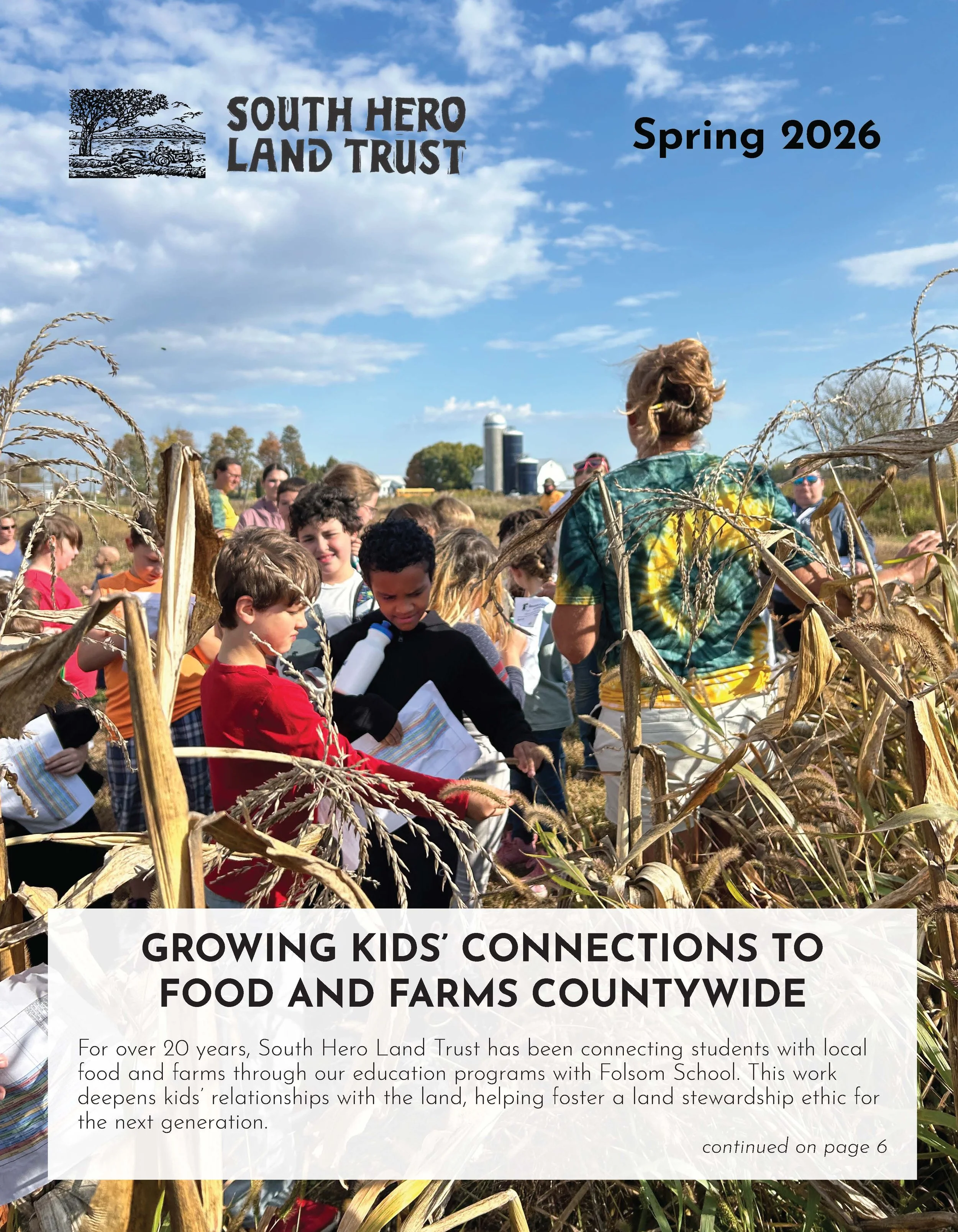 cover image of the Spring 2026 newsletter, showing students and teacher in a farm field