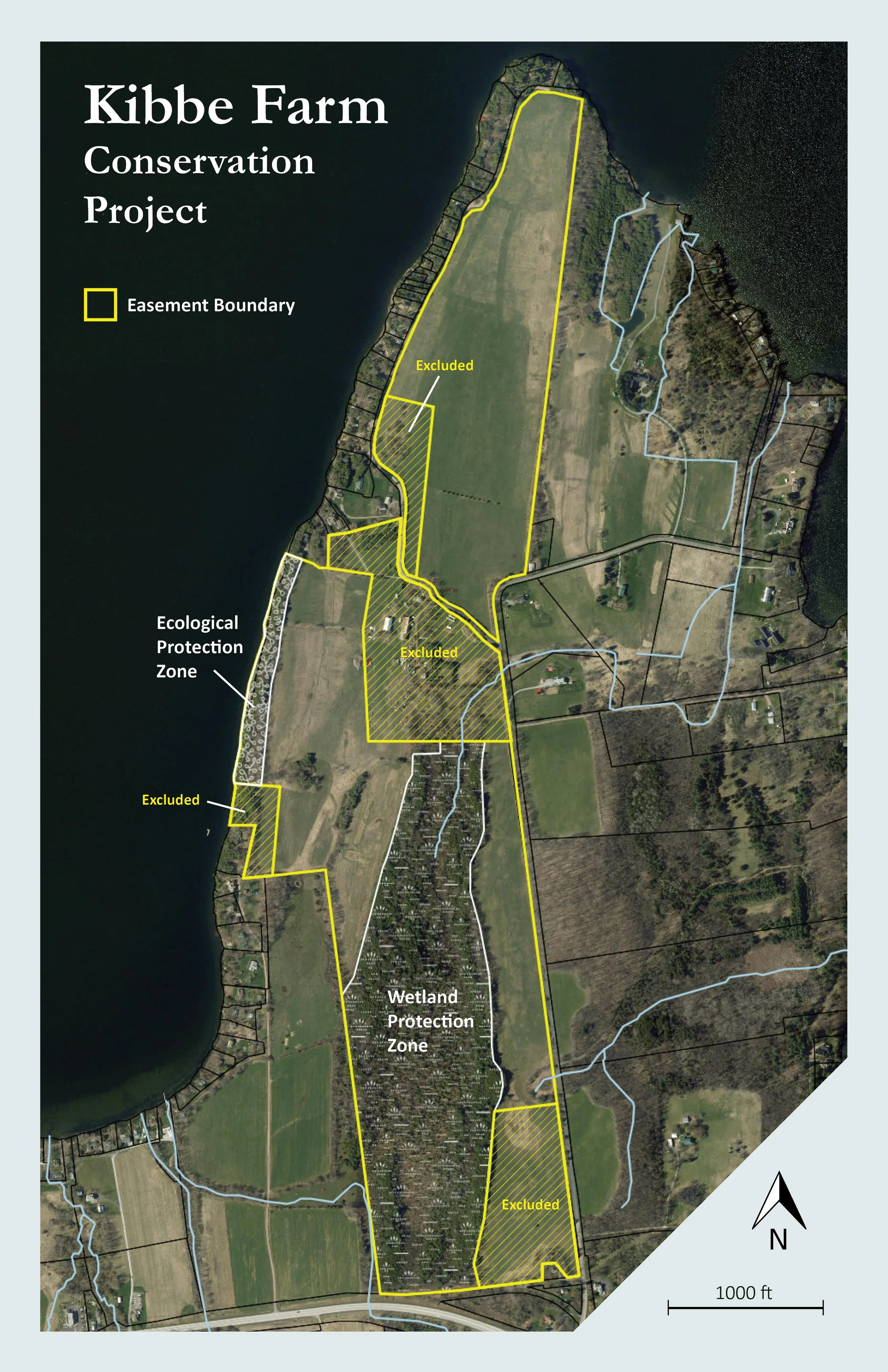 map of Kibbe Point showing the conservation easement boundaries, excluded areas, and wetlands