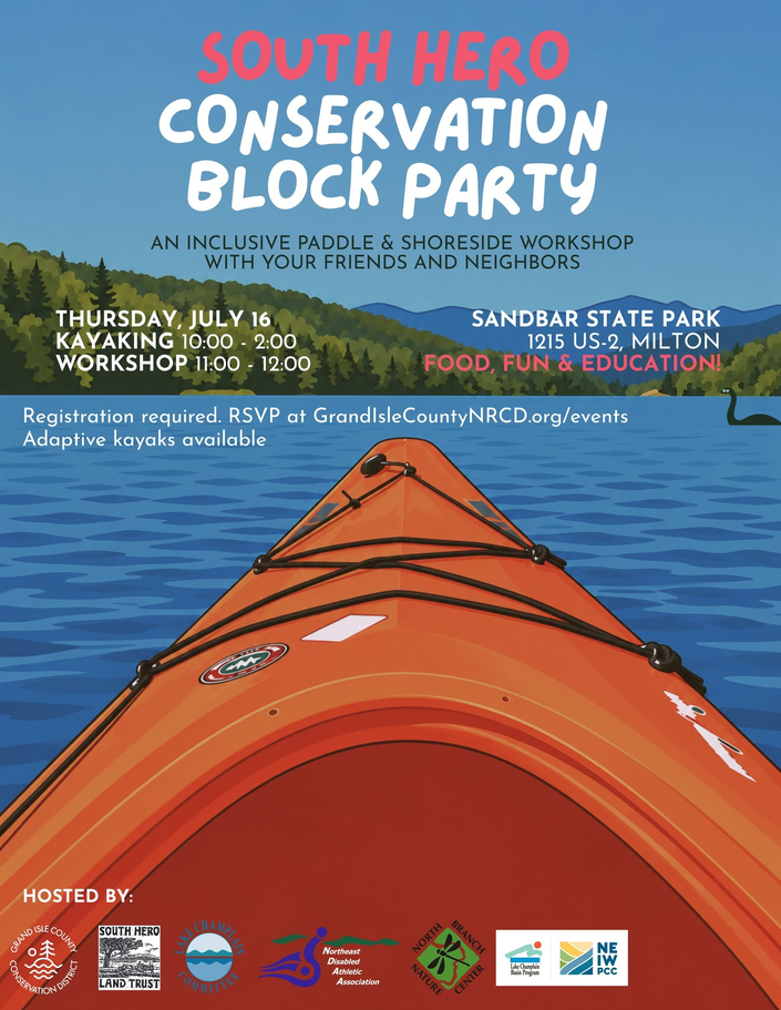 graphic image of an orange kayak on the water, with event details
