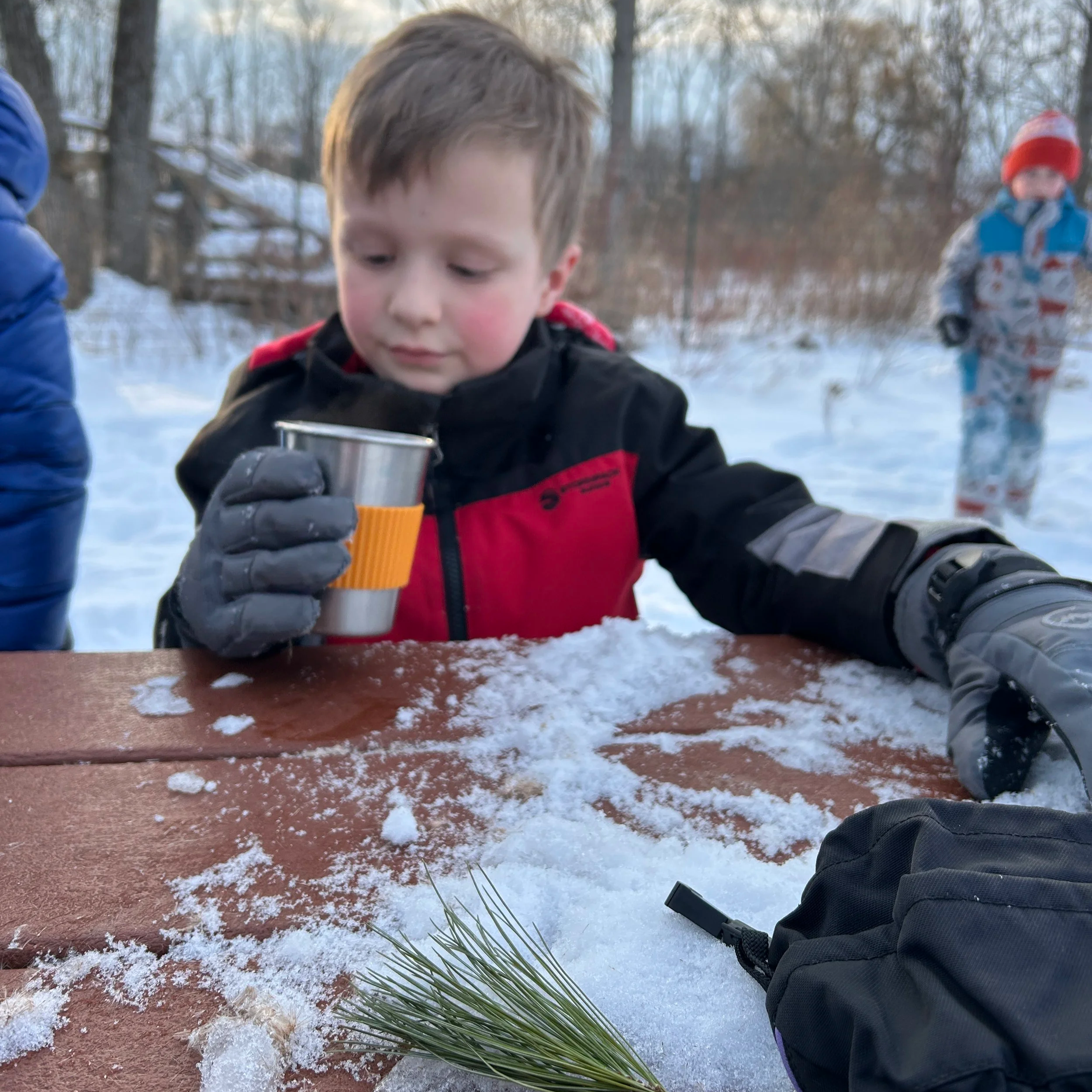 student looking into a stainless steel cup holding pine needle tea while sitting outside in the snow