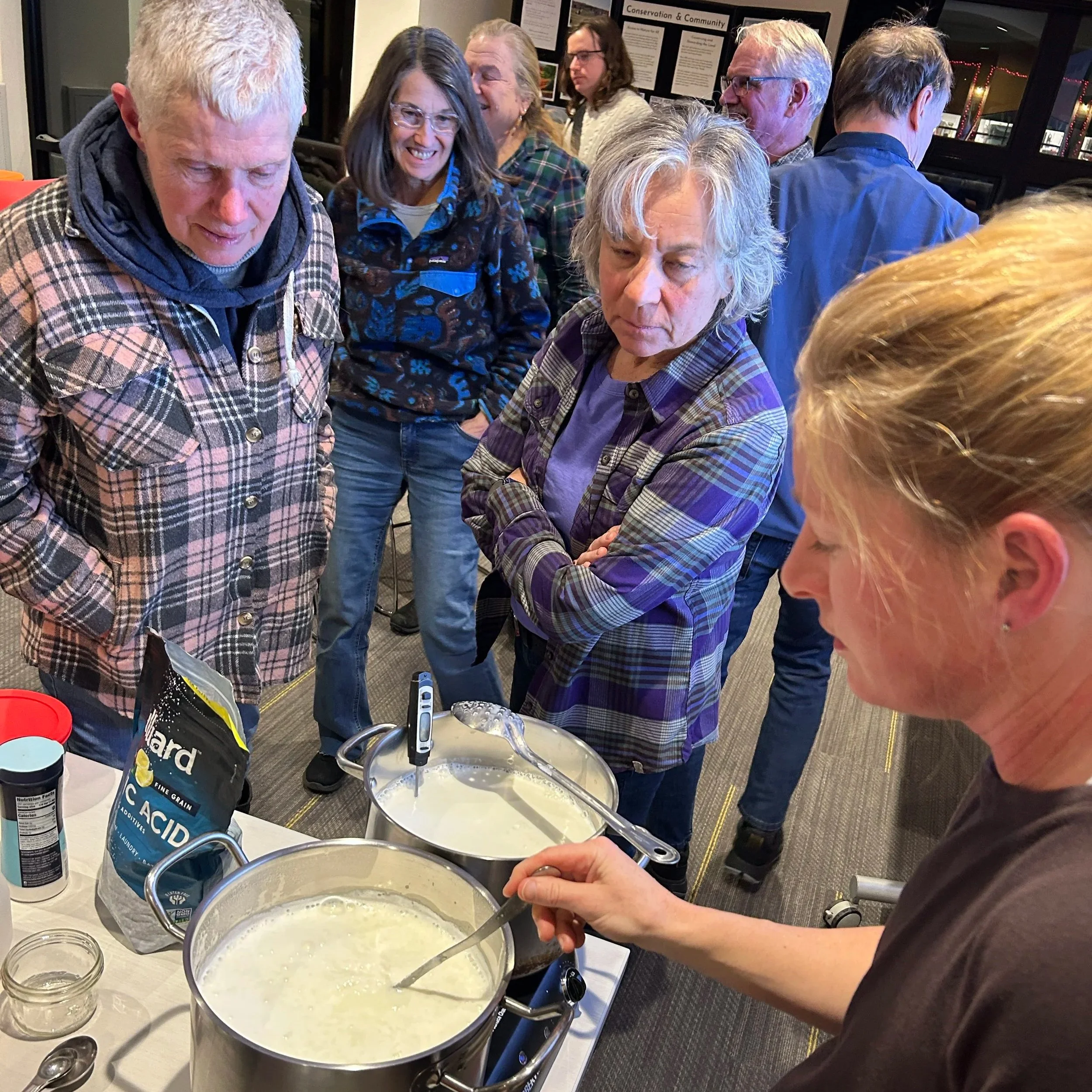 cheesemaking partcipants watch Christine making cheese in a pot