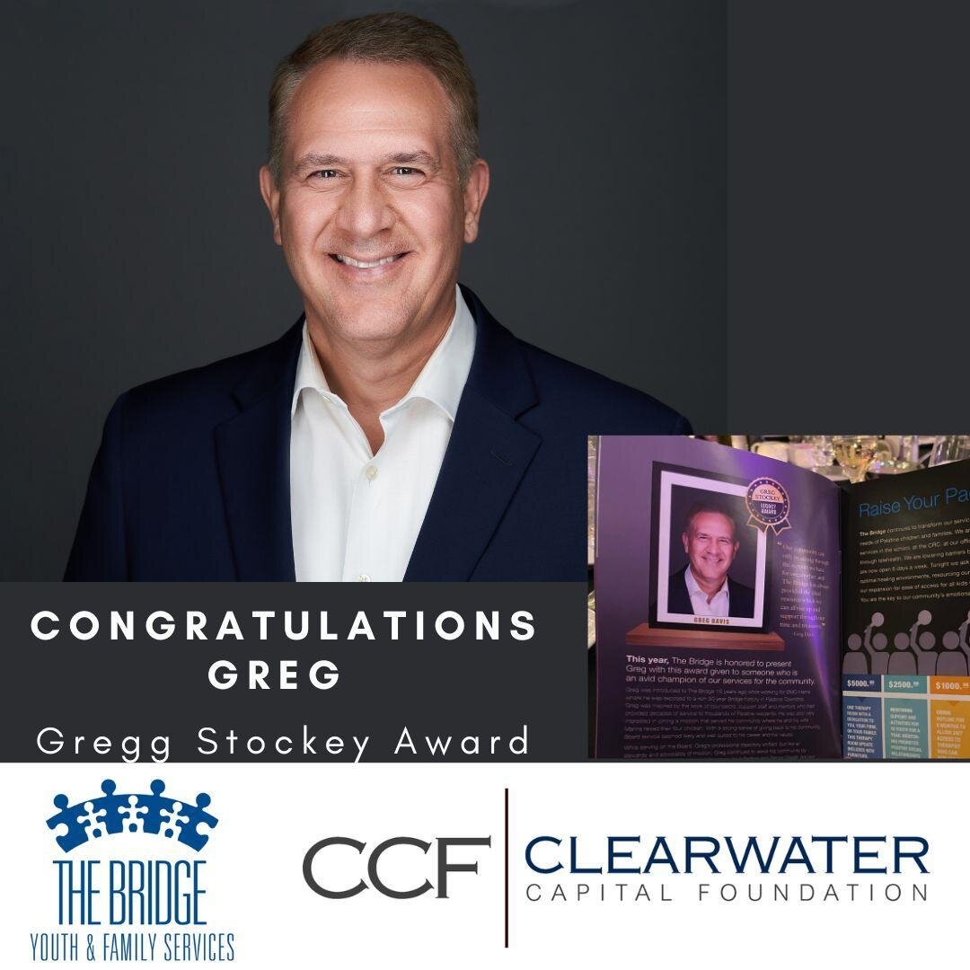 Clearwater Capital is proud to congratulate Greg Davis, one of our Partners and Senior Financial Advisors, on being named the winner of the prestigious Gregg Stockey Legacy Award for 2023 by The Bridge Youth and Family Services. Learn more by visitin