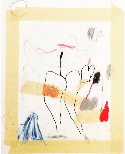 butt - oil stick / ink / masking tape on paper