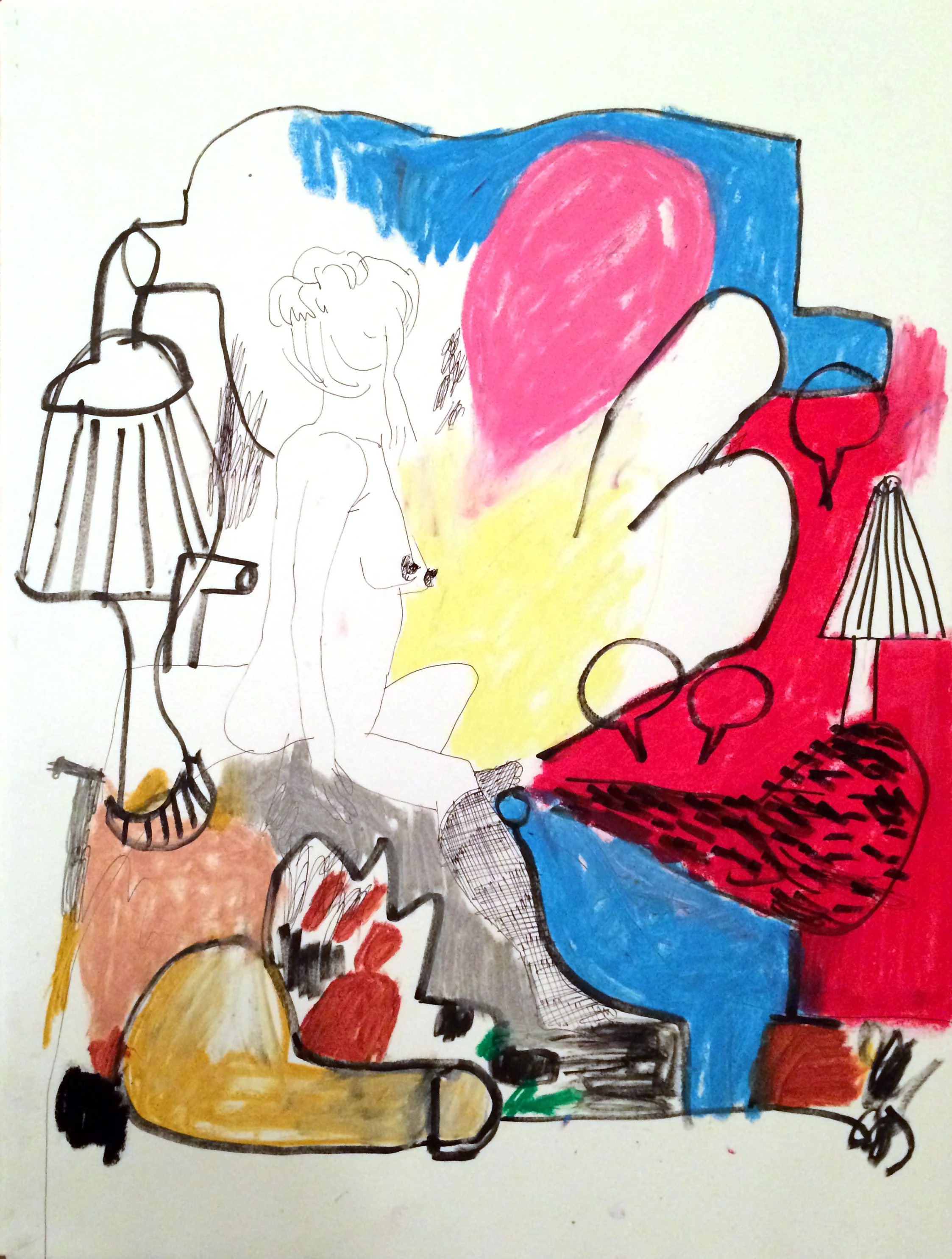 woman with lamp - ink and oil stick on paper