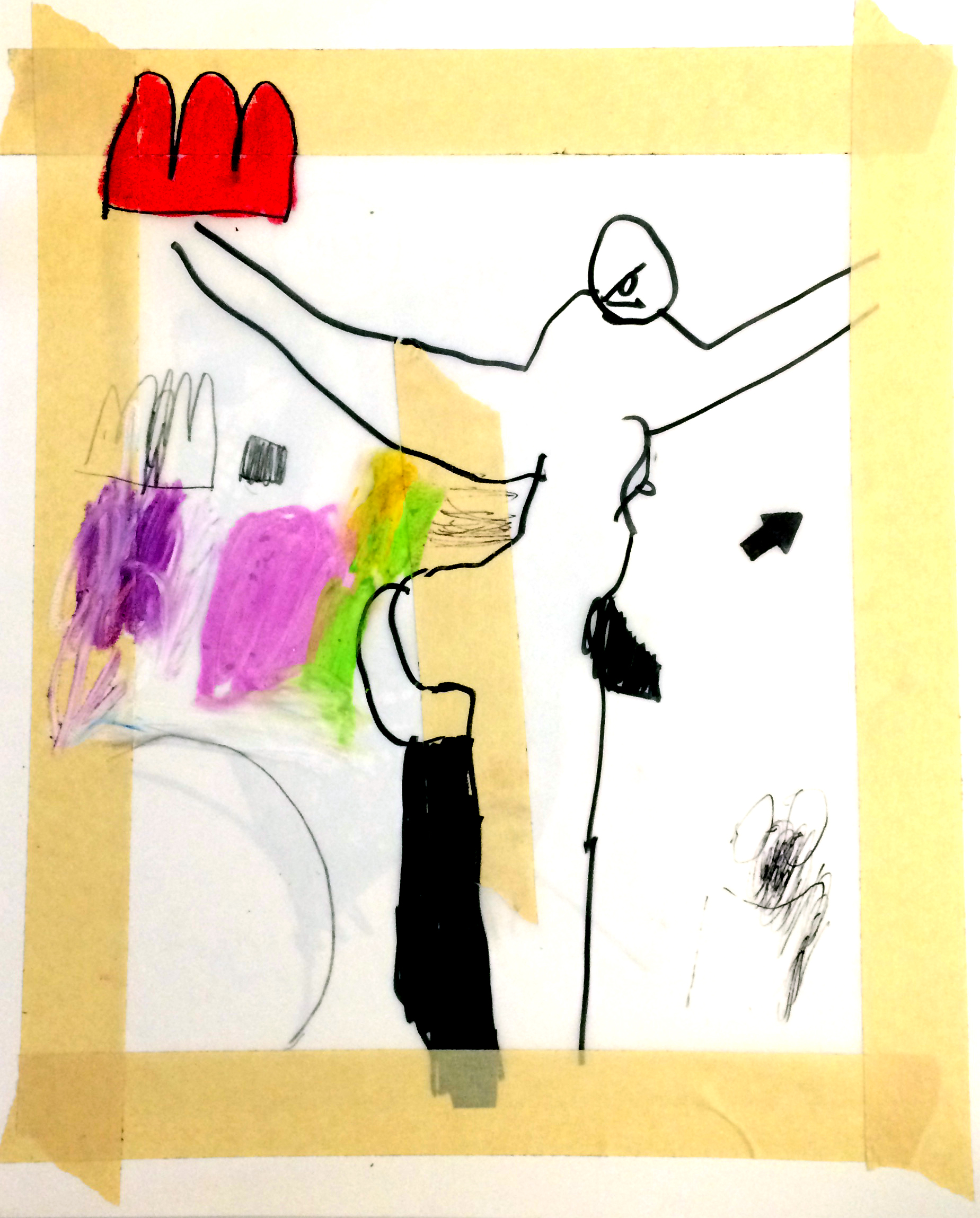 flying figure - ink / oil stick / masking tape on paper