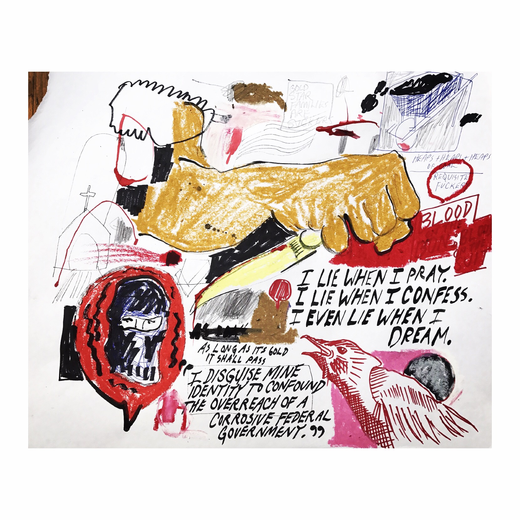 To Lie - ink and oilstick on paper