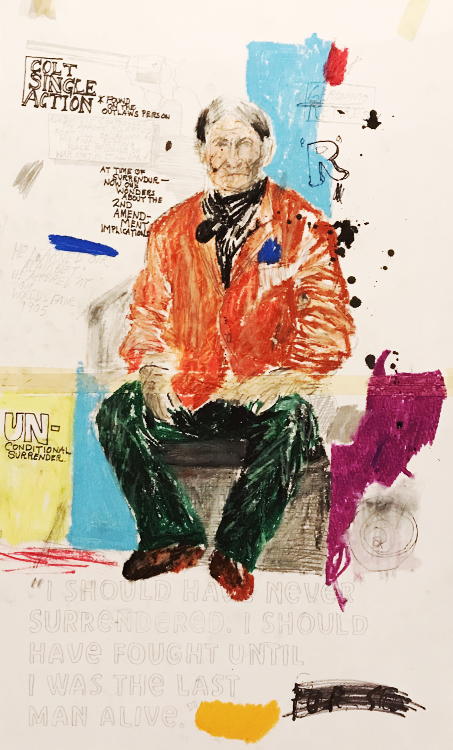 Geronimo in retirement - pencil/oilstick/ink on paper