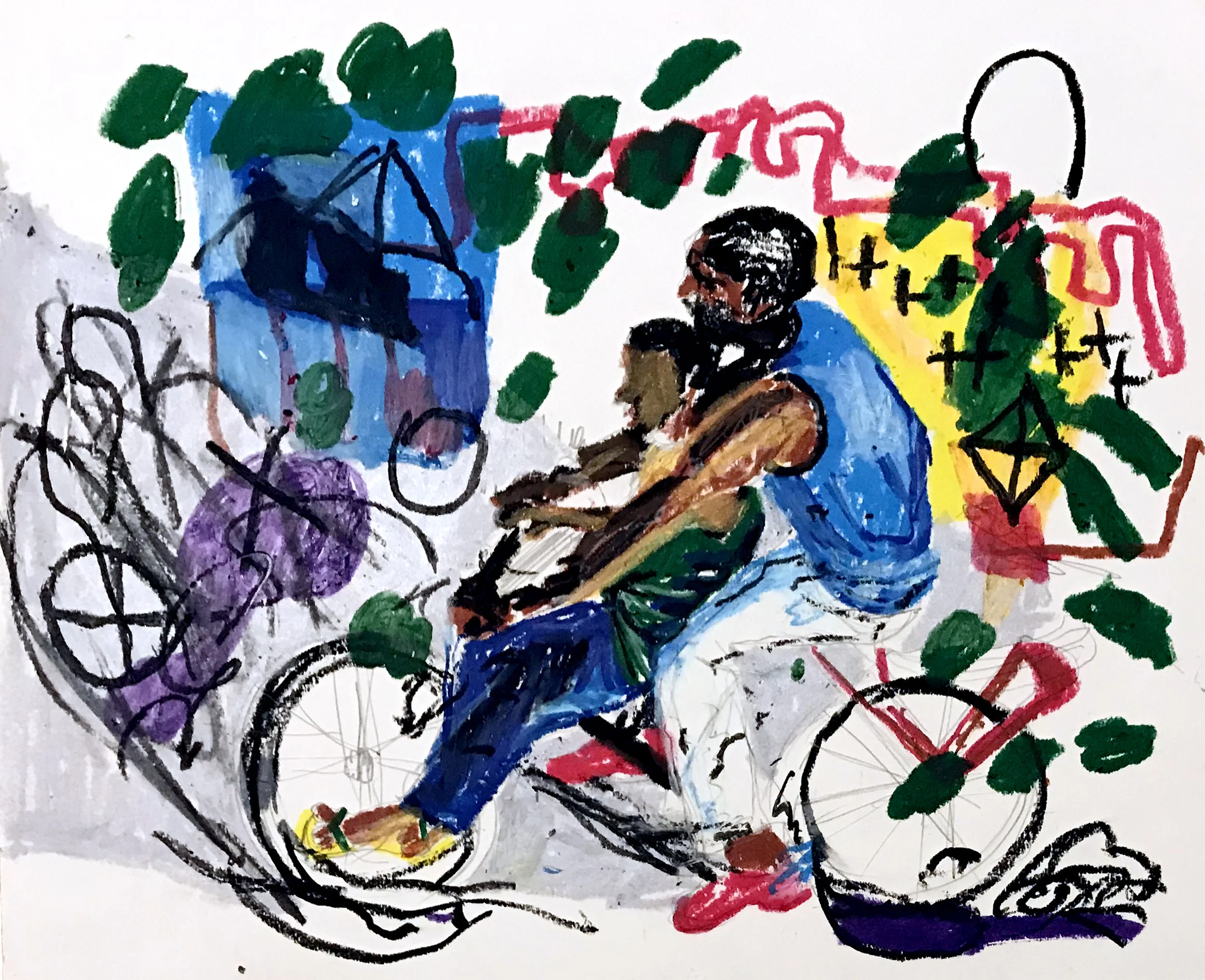 man and child on bike - oil stick on paper
