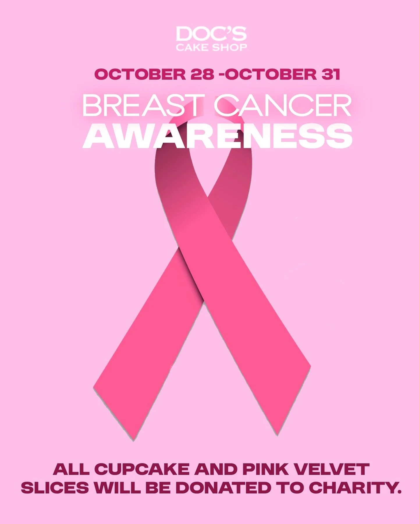 Join us in supporting Breast Cancer Awareness Month! Treat yourself to our delicious cupcakes and pink velvet slices &mdash; all proceeds will be donated to charity.

Tuesday, Oct 28th- Friday, Oct 31st