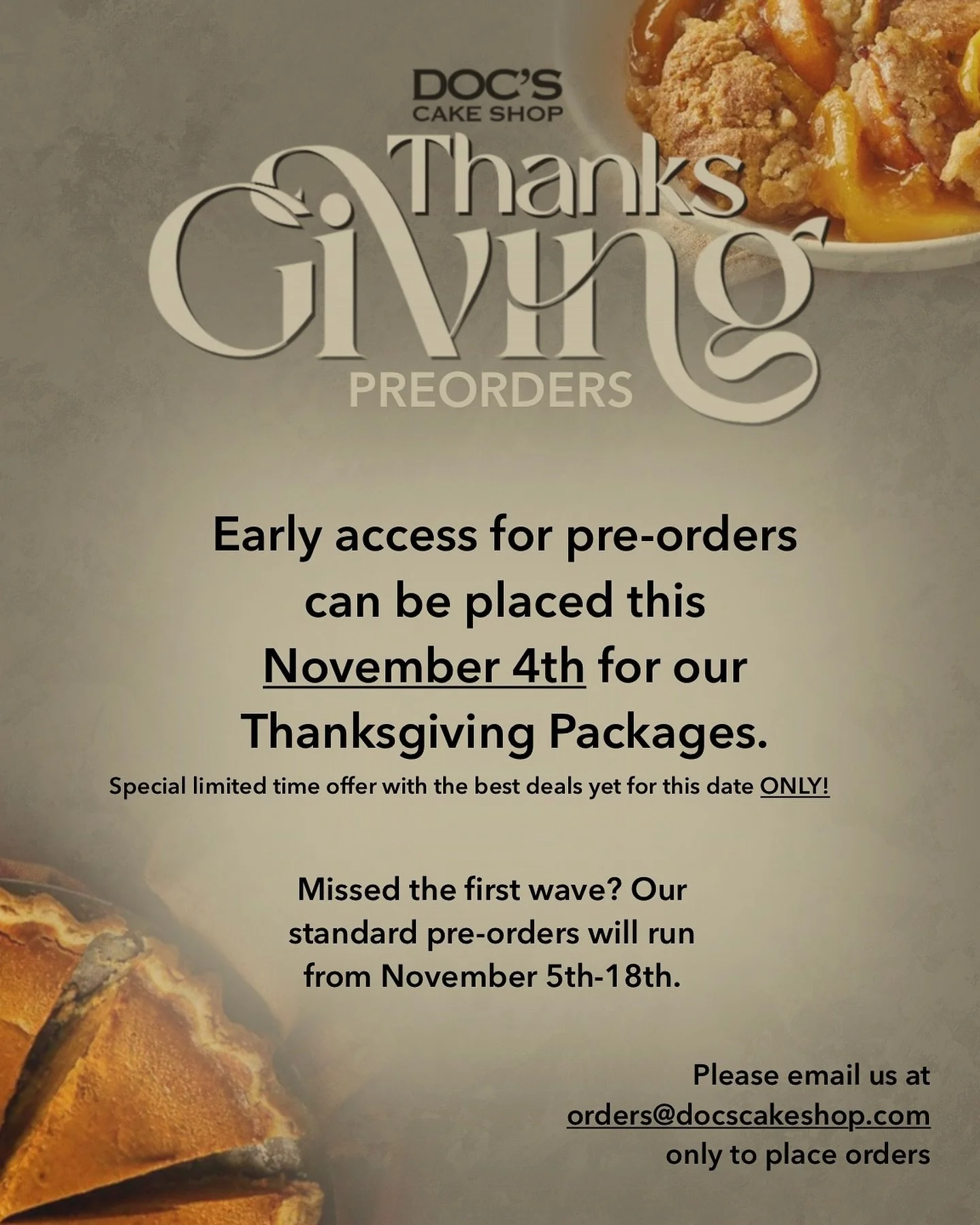 Thanksgiving Pre-orders are now in session 🍁
Please send all inquiries to orders@docscakeshop.com ONLY!!