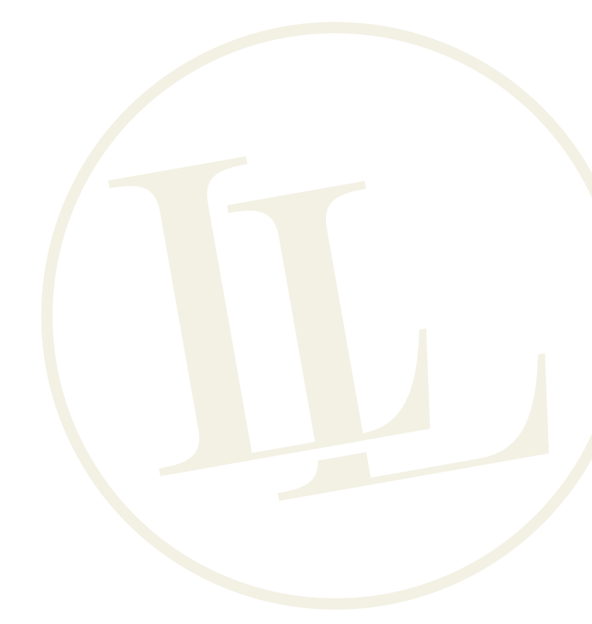 Monogram logo with tinted gold lettering 'L' and 'L' short for Luxury Liquids inside a circle.