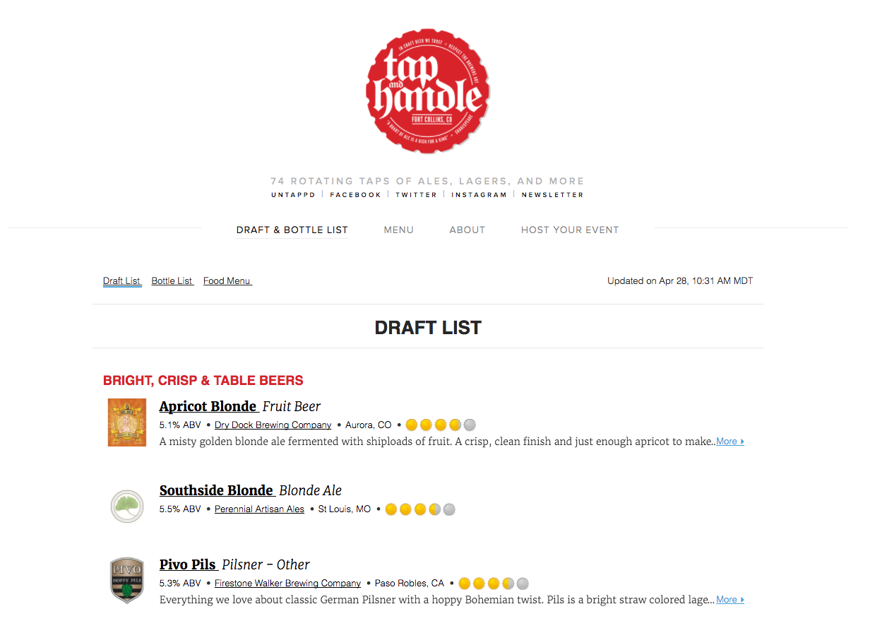 A screenshot of the new website with the live menu