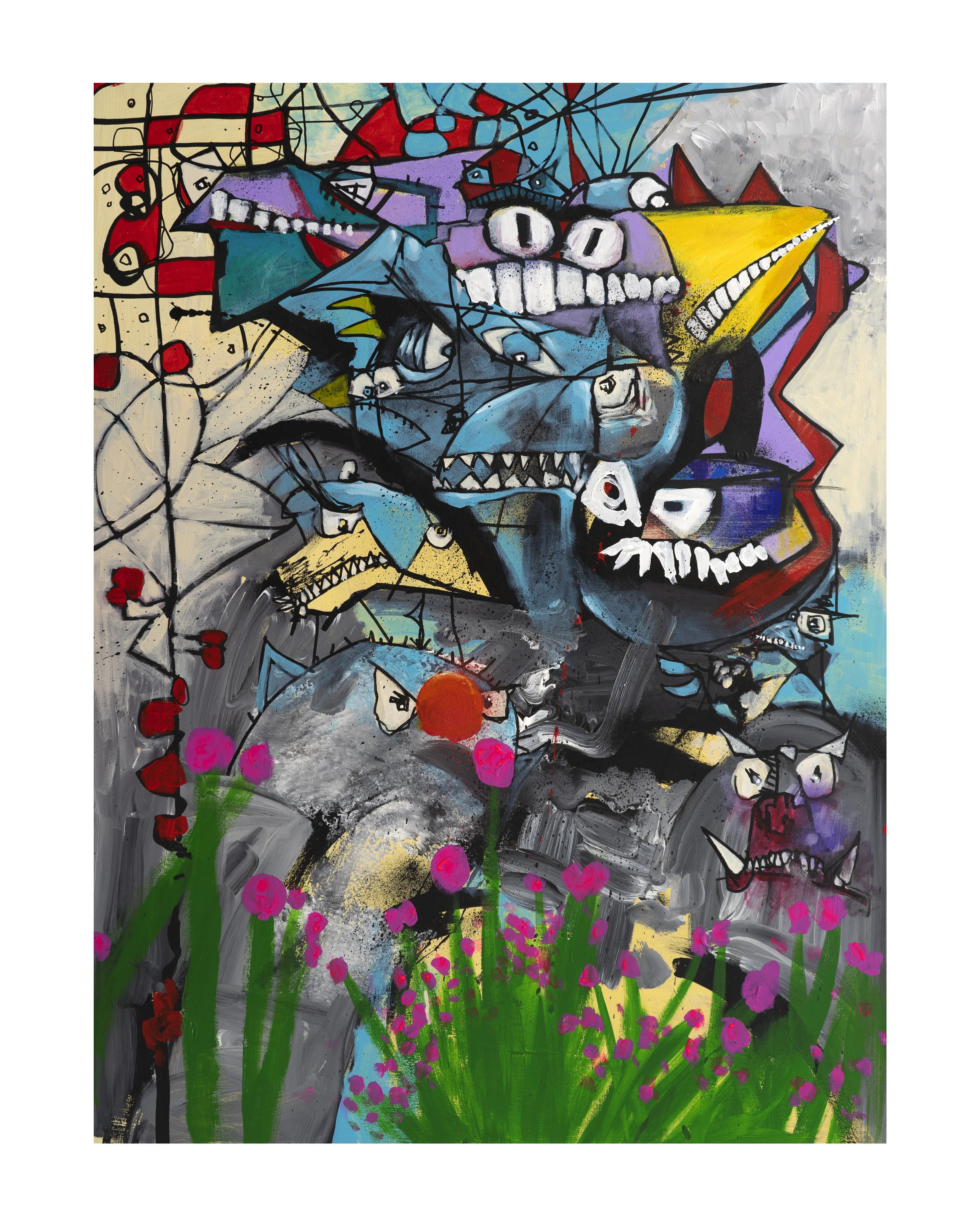 Backyard beasties (2019) - 101.6 x 76,2 x 5 cm - Técnica mixta en panel de madera / Mixed Media on Archival Wooden Panel