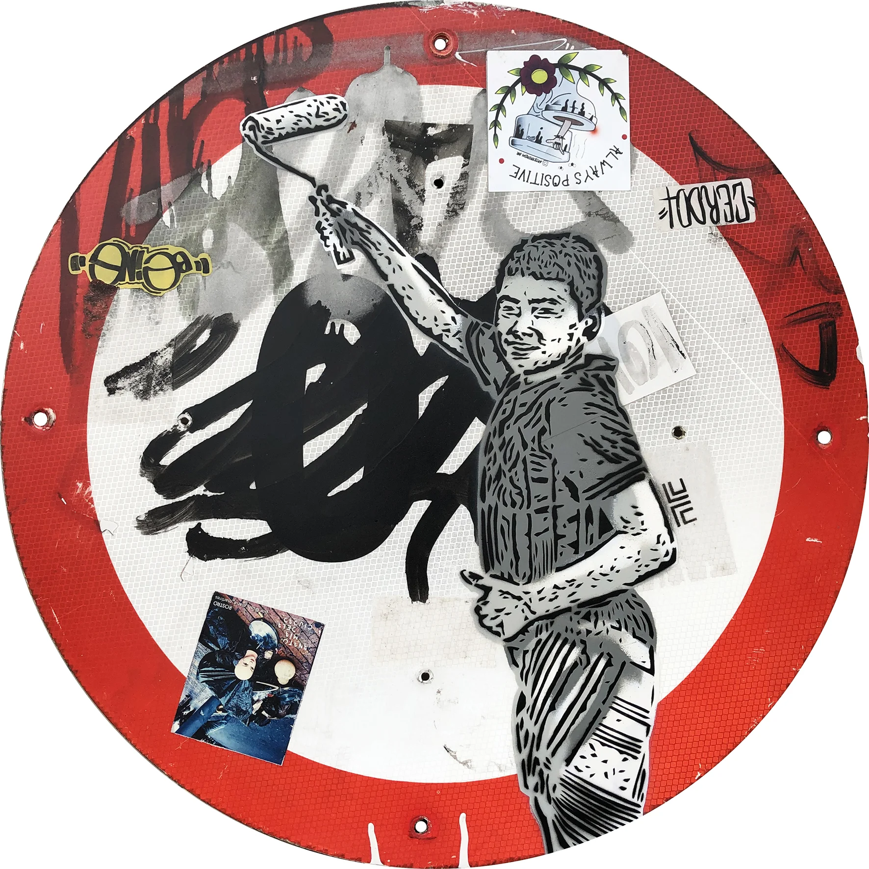 Niño pinta. de la serie Orgullo de calle (2018) - 60 cm diámetro - Stencil sobre señal de tráfico / Stencil on Traffic sign