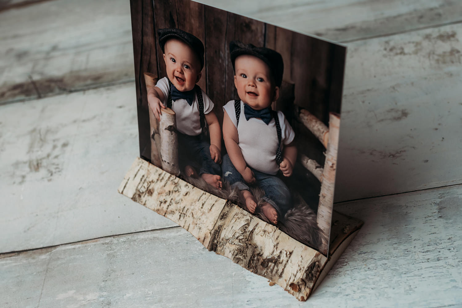 Mounted gift print of a professional photo of twins inserted into wood. (Copy) (Copy)