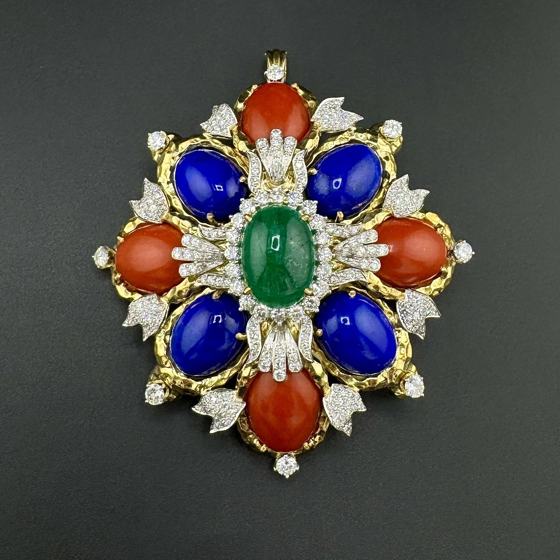 EMERALD / LAPIS / CORAL & 8.82CTW ROUND DIAMOND PIN / PENDANT - 18K YG & PLAT