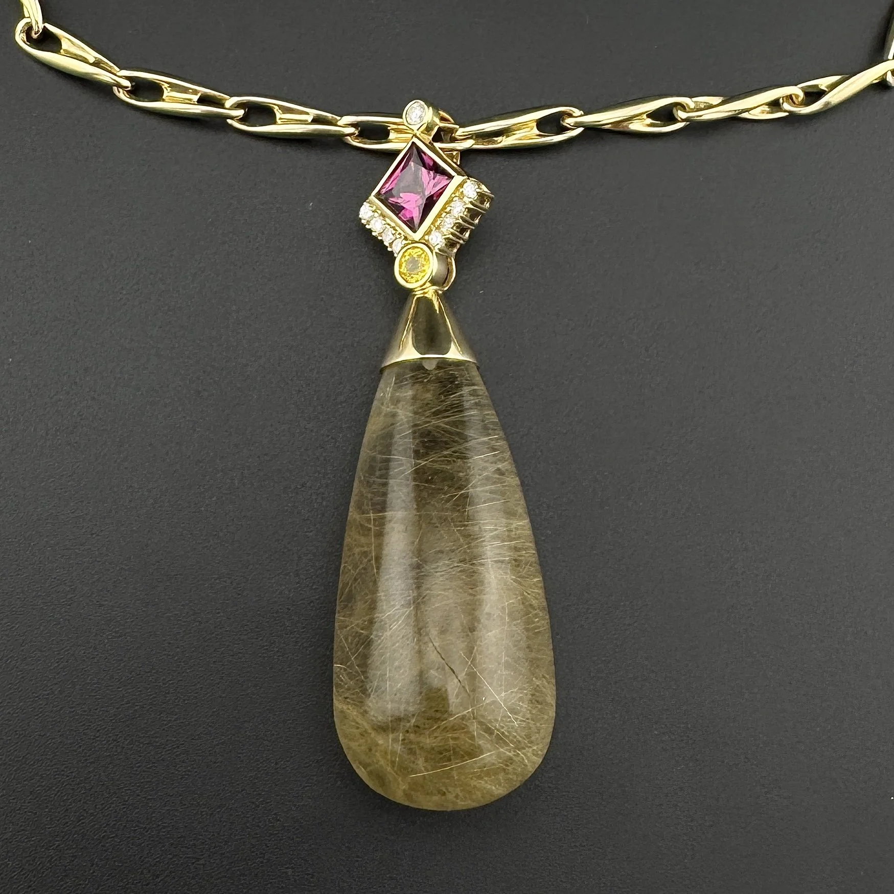 RUTILATED QUARTZ / PINK TOURMALINE / DIAMOND NECKLACE - 14K YELLOW GOLD - 17"