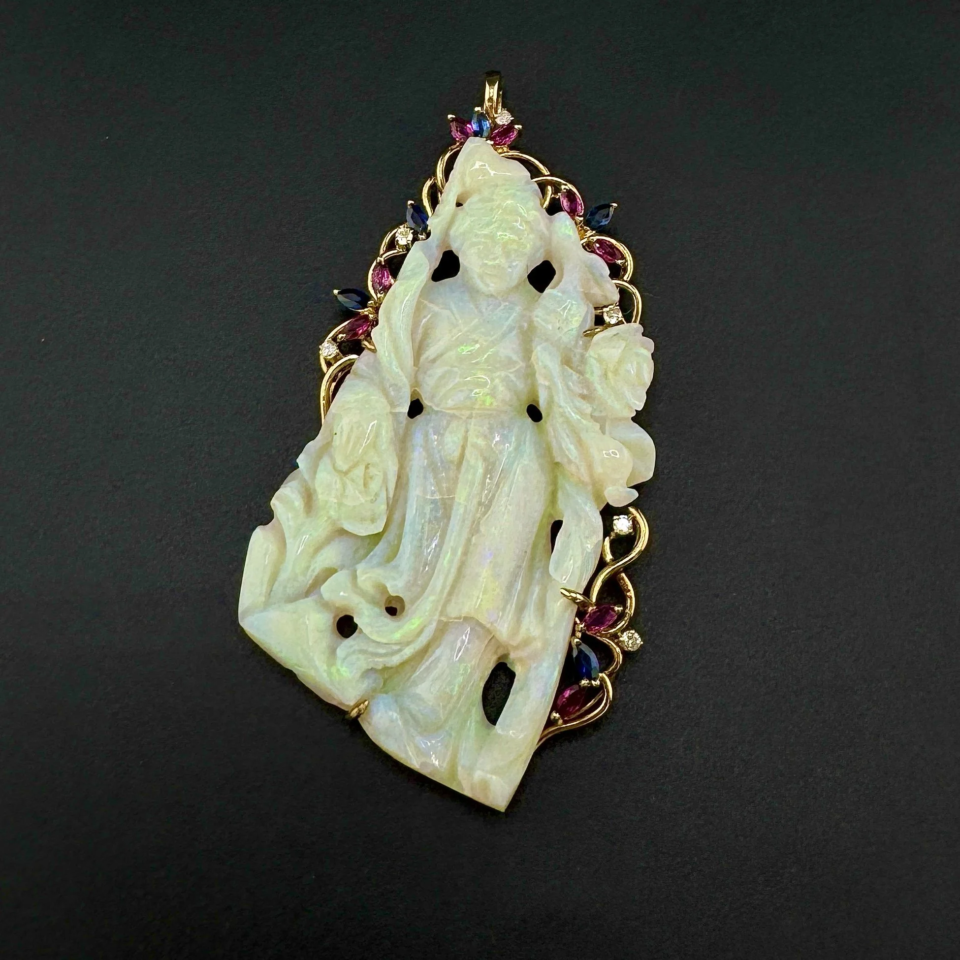 CHINESE CARVED OPAL / SAPPHIRE / RUBY / DIAMOND PENDANT - 14K YELLOW GOLD