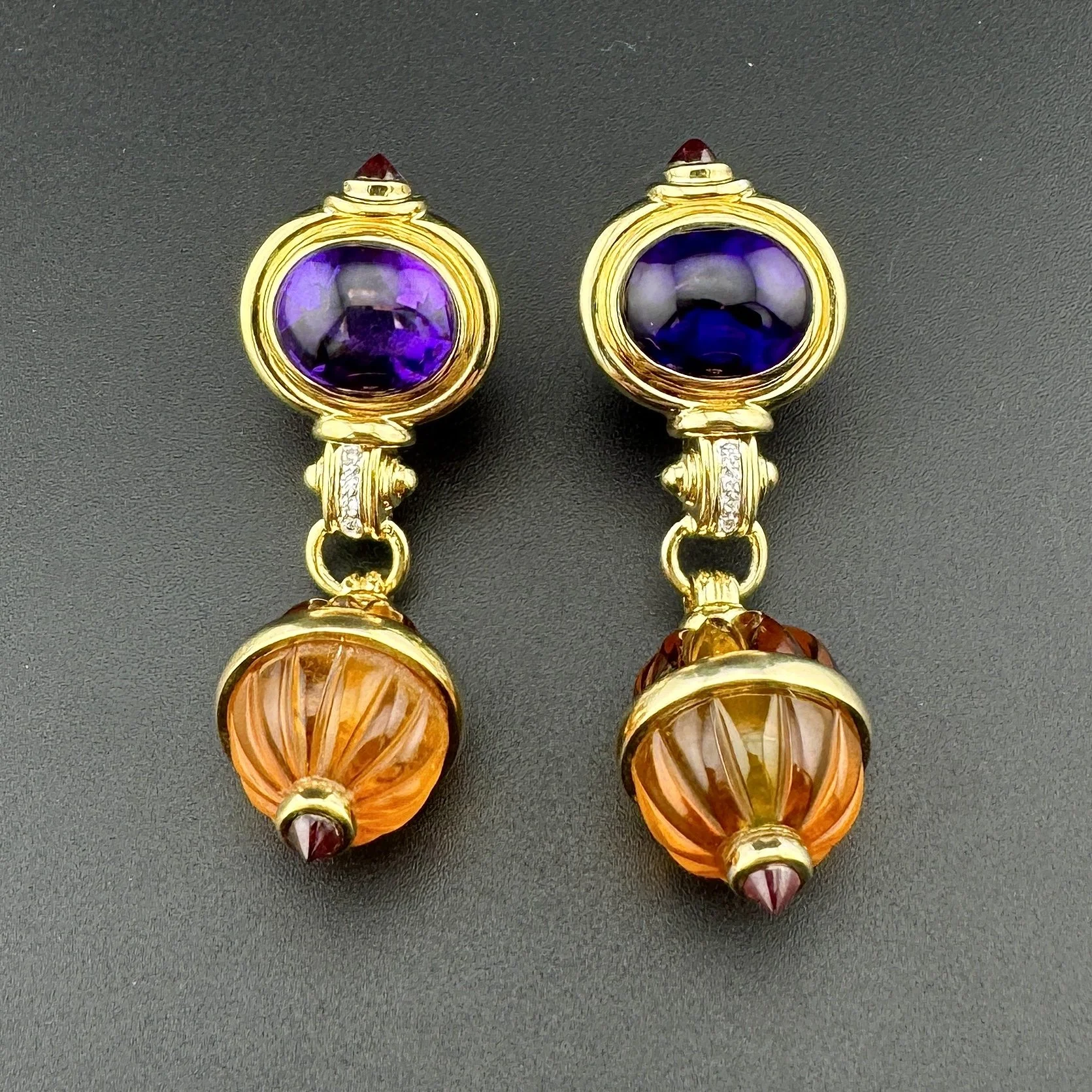 9CTW AMETHYST / 5CTW CITRINE / 0.08CTW DIAMOND DROP EARRINGS - 14K YELLOW GOLD