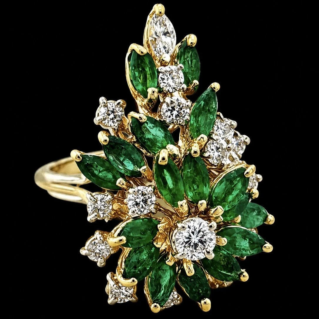 Emerald and Diamond Waterfall Cluster Cocktail Ring