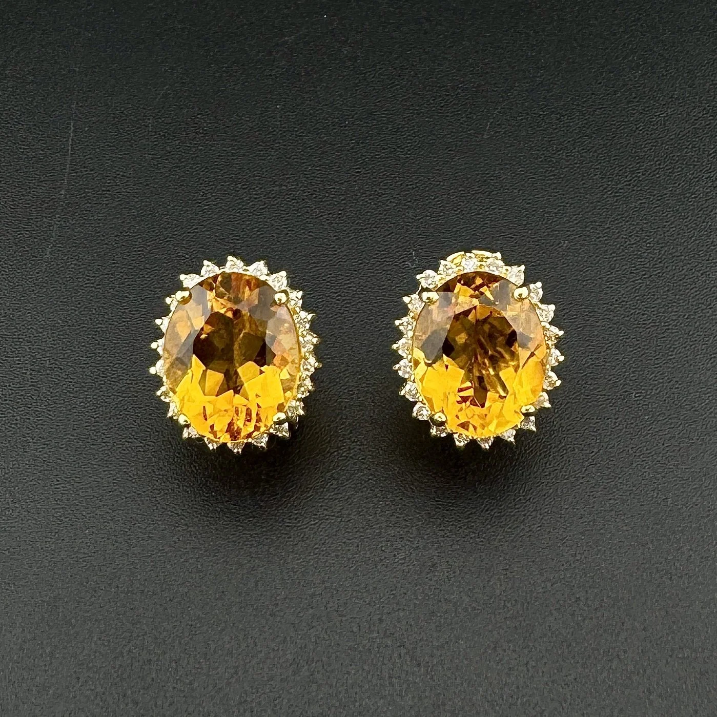 6CTW OVAL CITRINE & 0.44CTW ROUND DIAMOND EARRINGS - 14K YELLOW GOLD