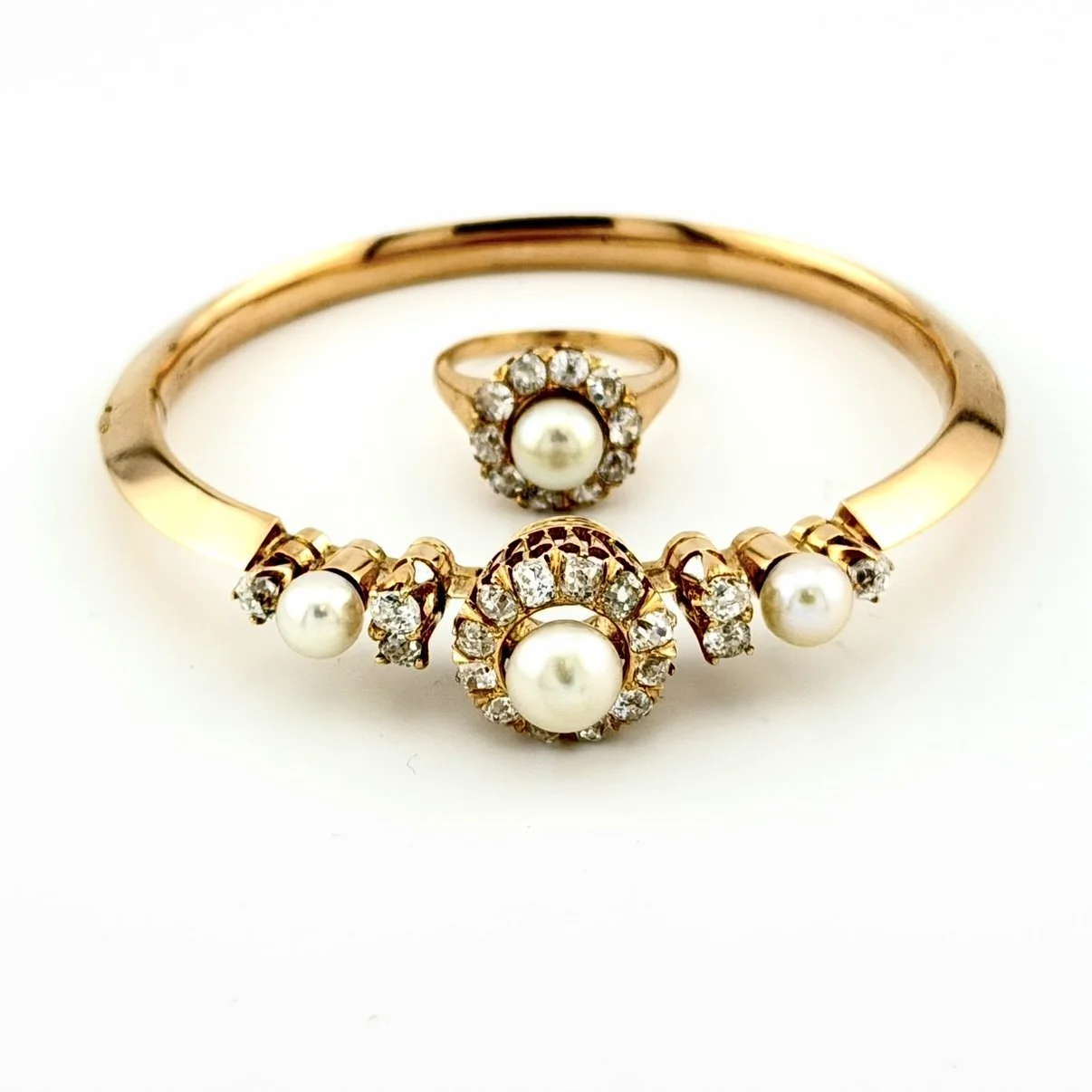 GIA GEORGIAN 4.4CTW SI2 F ROSE CUT DIA. & PEARL RING/BRACELET SET 14K RG 1860S