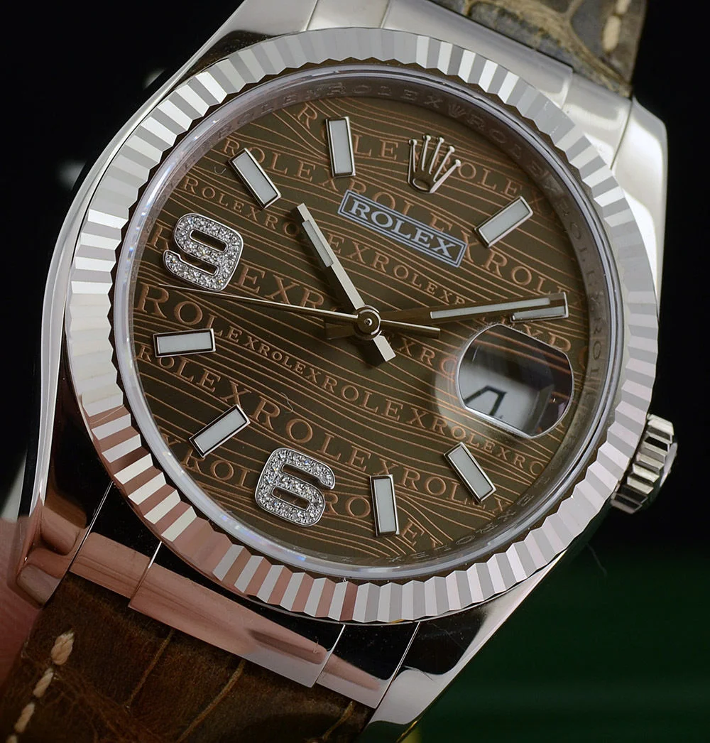 NIB Rolex Mens Datejust 18k White Gold Original Diamond Wave Dial 116139