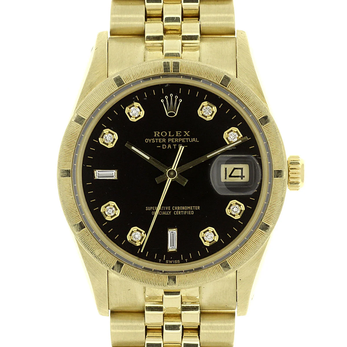 Rolex Solid Gold Date Watch Midsize 34mm 14k Jubilee Bracelet Black Diamond DIal