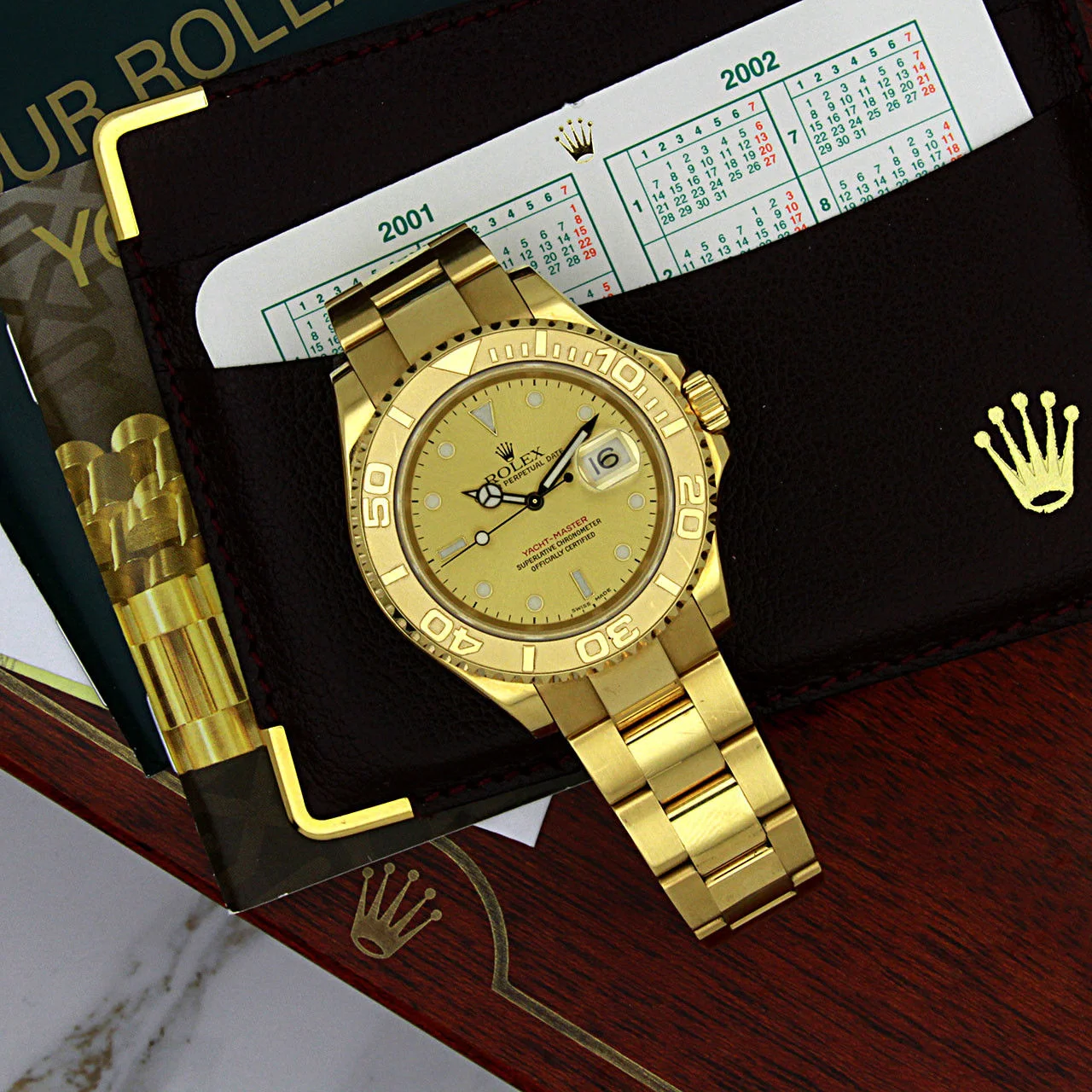 ROLEX Mens 18kt Yellow Gold 40mm YachtMaster CHAMPAGNE Index Dial 16628 Full Set