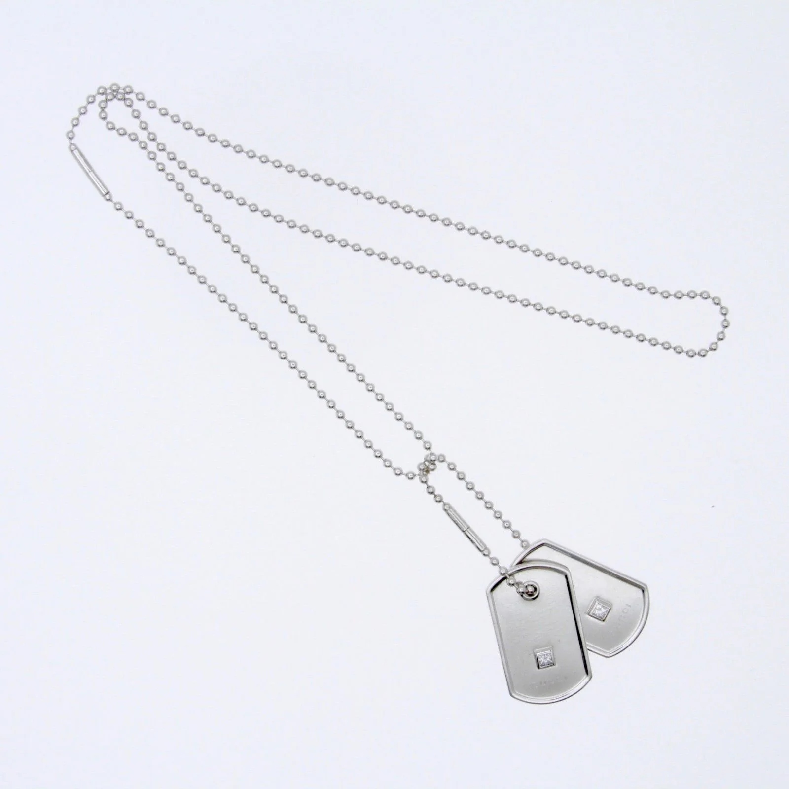 Gucci 18K White Gold Diamond Double Dog Tag Pendant Necklace
