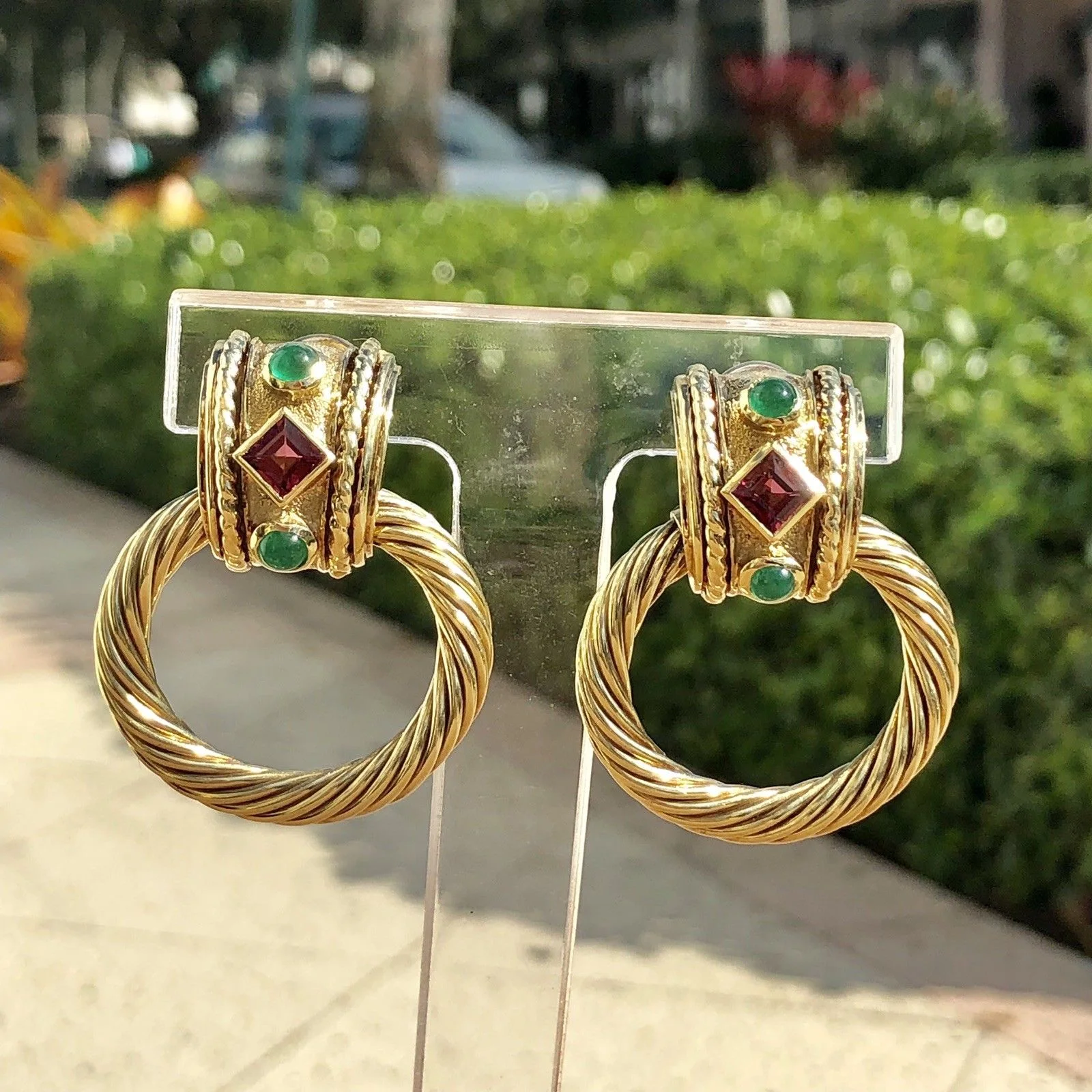 Large David Yurman 14K YG Yellow Gold Door Knocker Earrings Amethyst Emerald