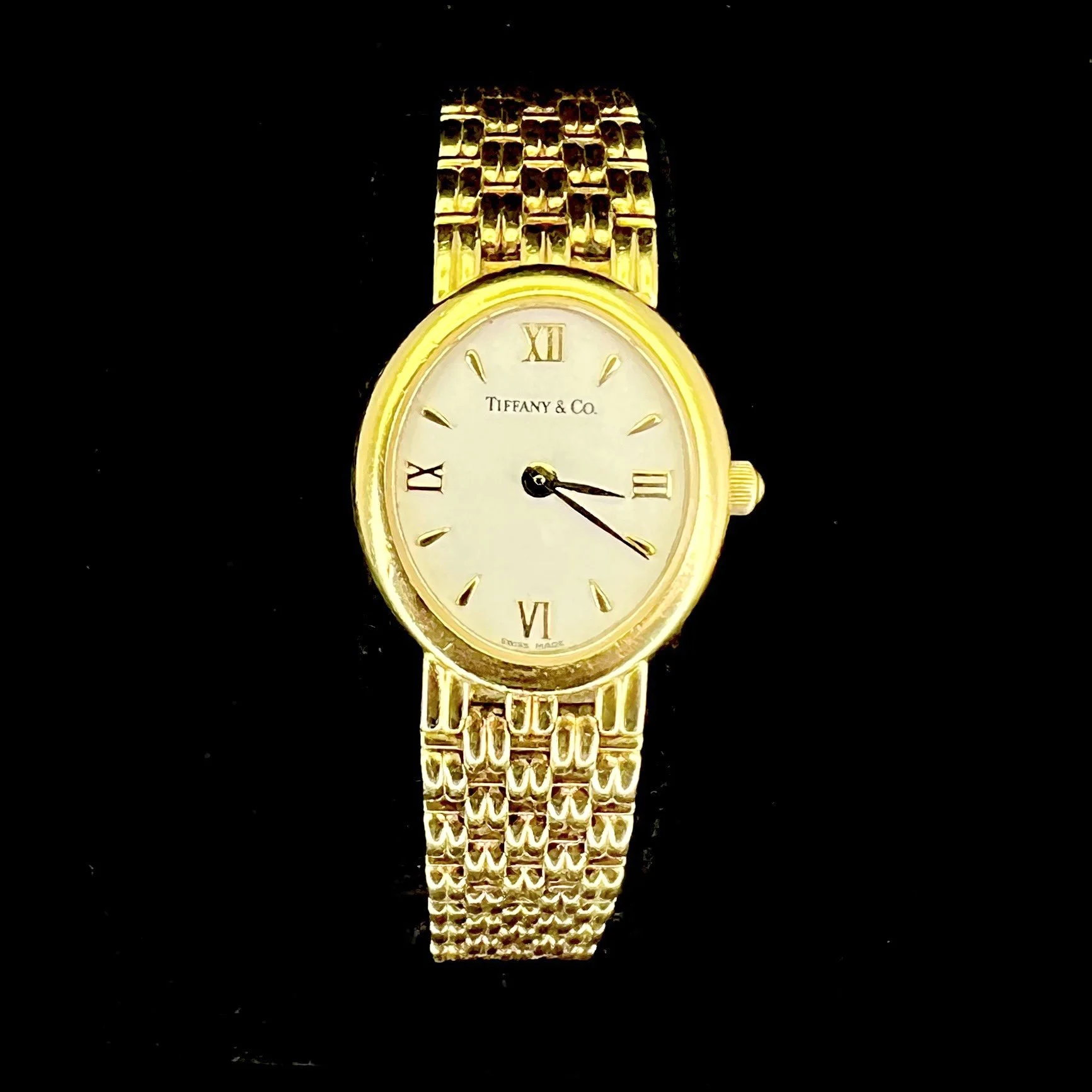 Tiffany & Co 18K Yellow Gold Ladies Watch White Dial Basket Weave Band