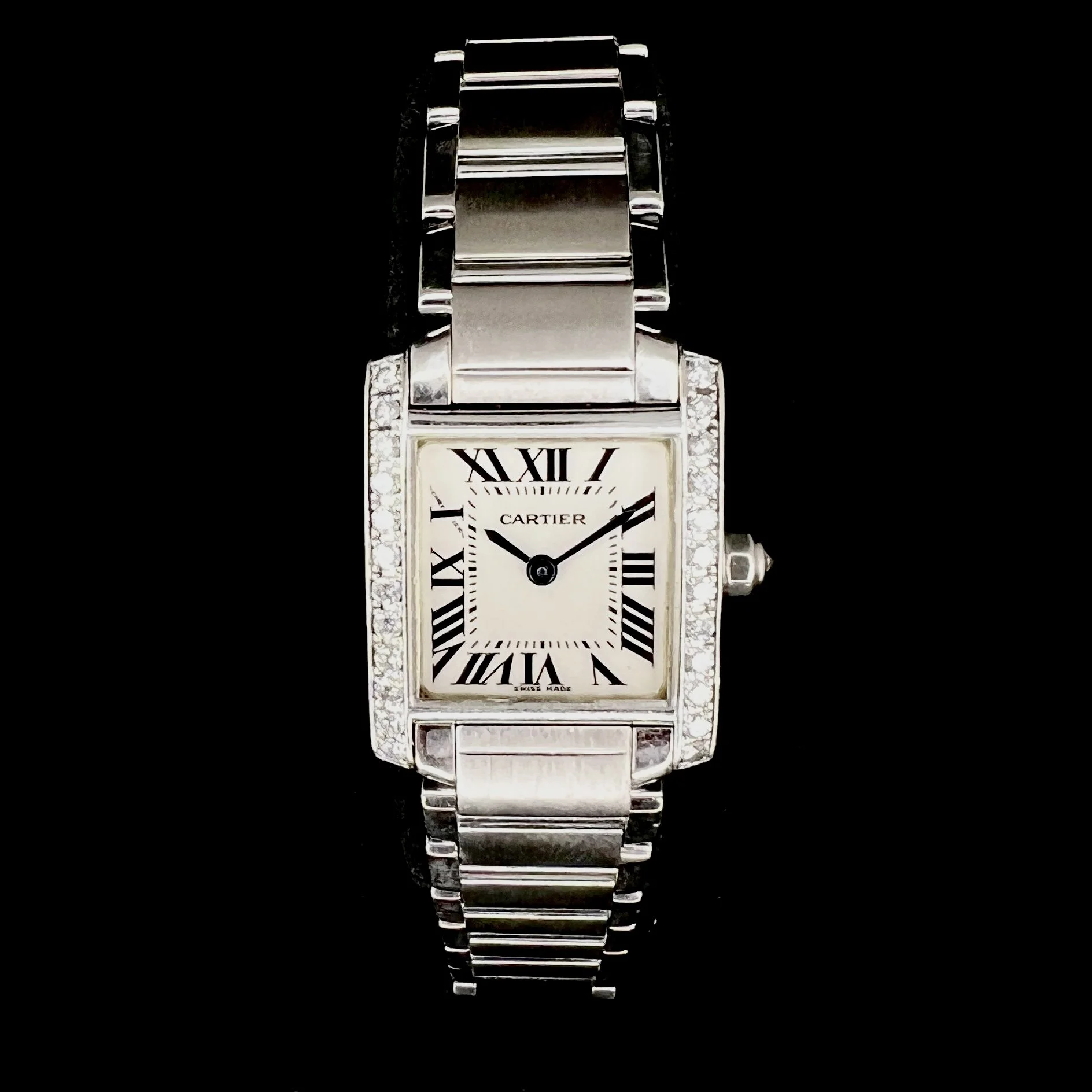 Cartier Tank Francaise Small 18k White Gold Diamond Bezel Ladies Watch 2403