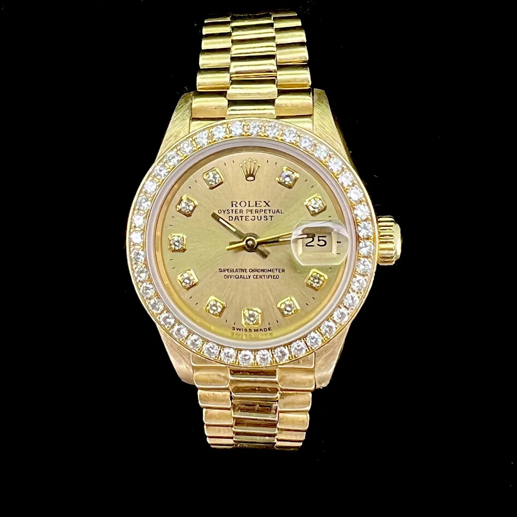ROLEX LADIES DATEJUST PRESIDENT DIAMOND DIAL 1.3 CT BEZEL 18K GOLD WATCH
