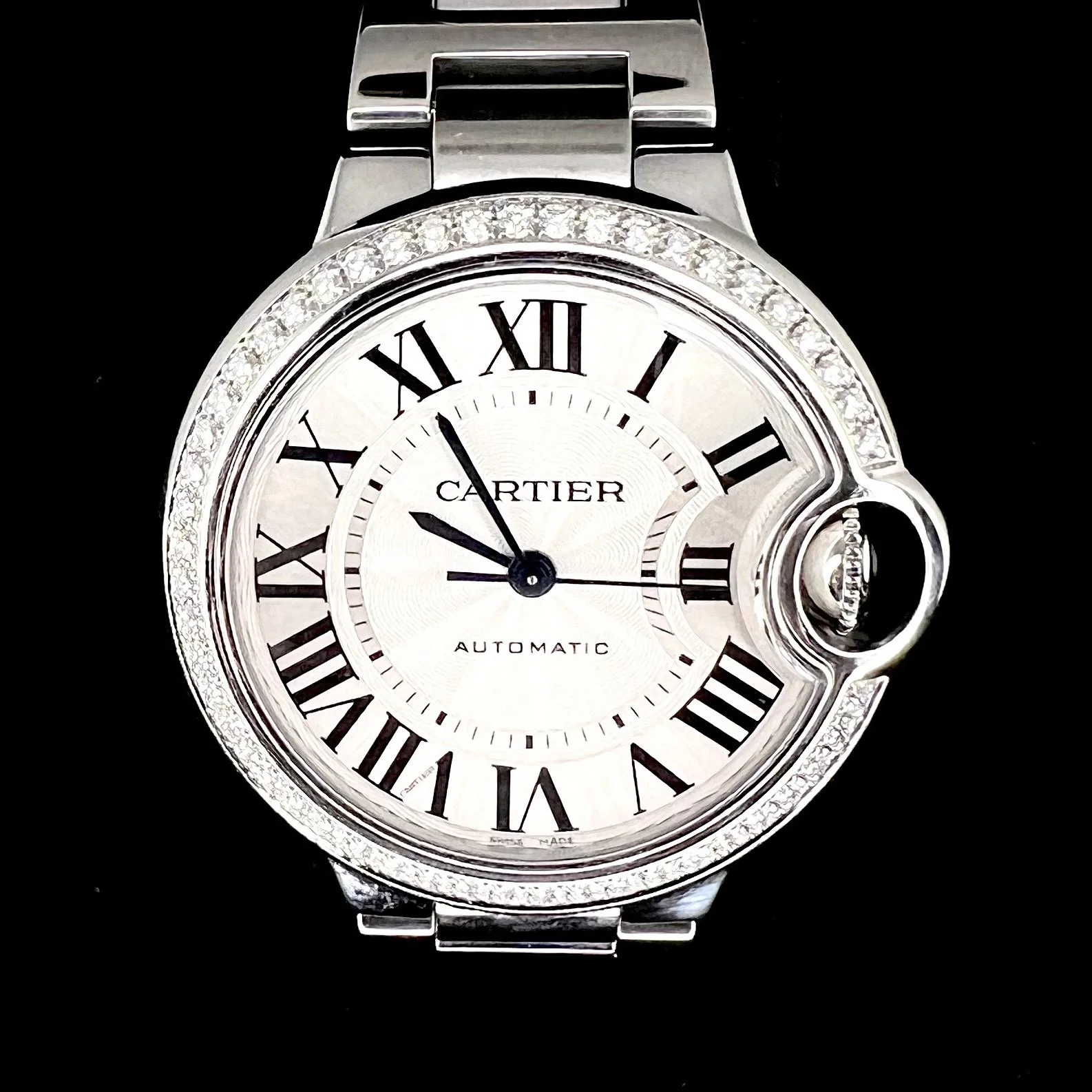 CARTIER BALLON BLEU 33MM AUTOMATIC STEEL FACTORY DIAMOND BEZEL REF: 3489