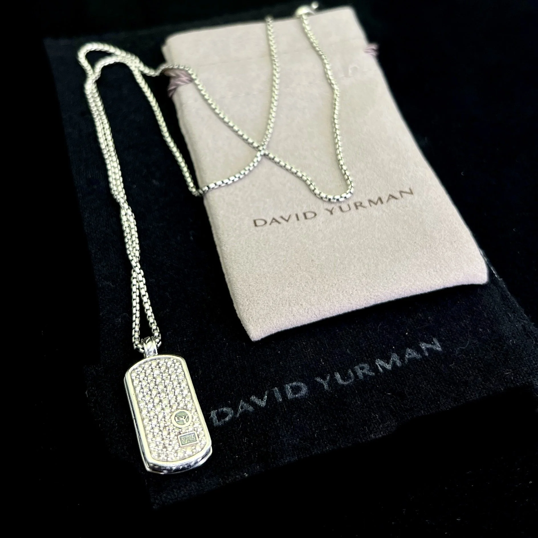 David Yurman Sterling Silver Pave White Diamond Streamline 30mm Dog Tag & Chain