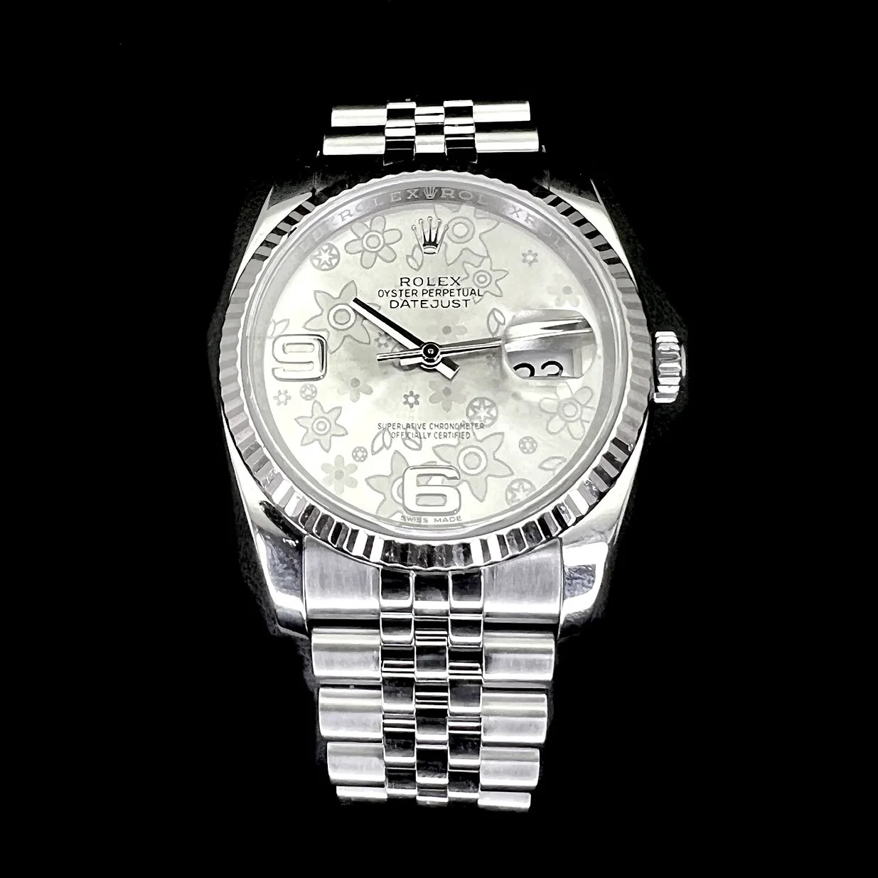 ROLEX DATEJUST 116234 SILVER FLORAL DIAL WITH STAINLESS STEEL JUBILEE BRACELET