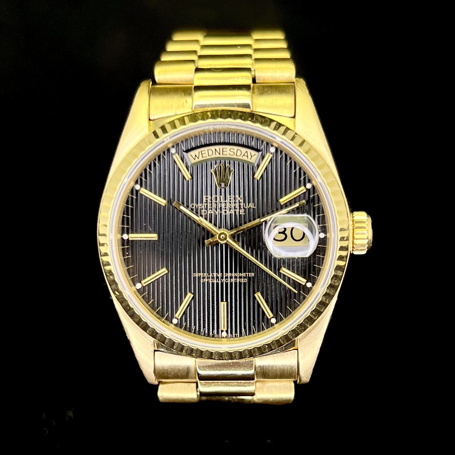 Rolex Day-Date President 18k Yellow Gold Black Tuxedo Dial Mens 36mm 18038 B+P