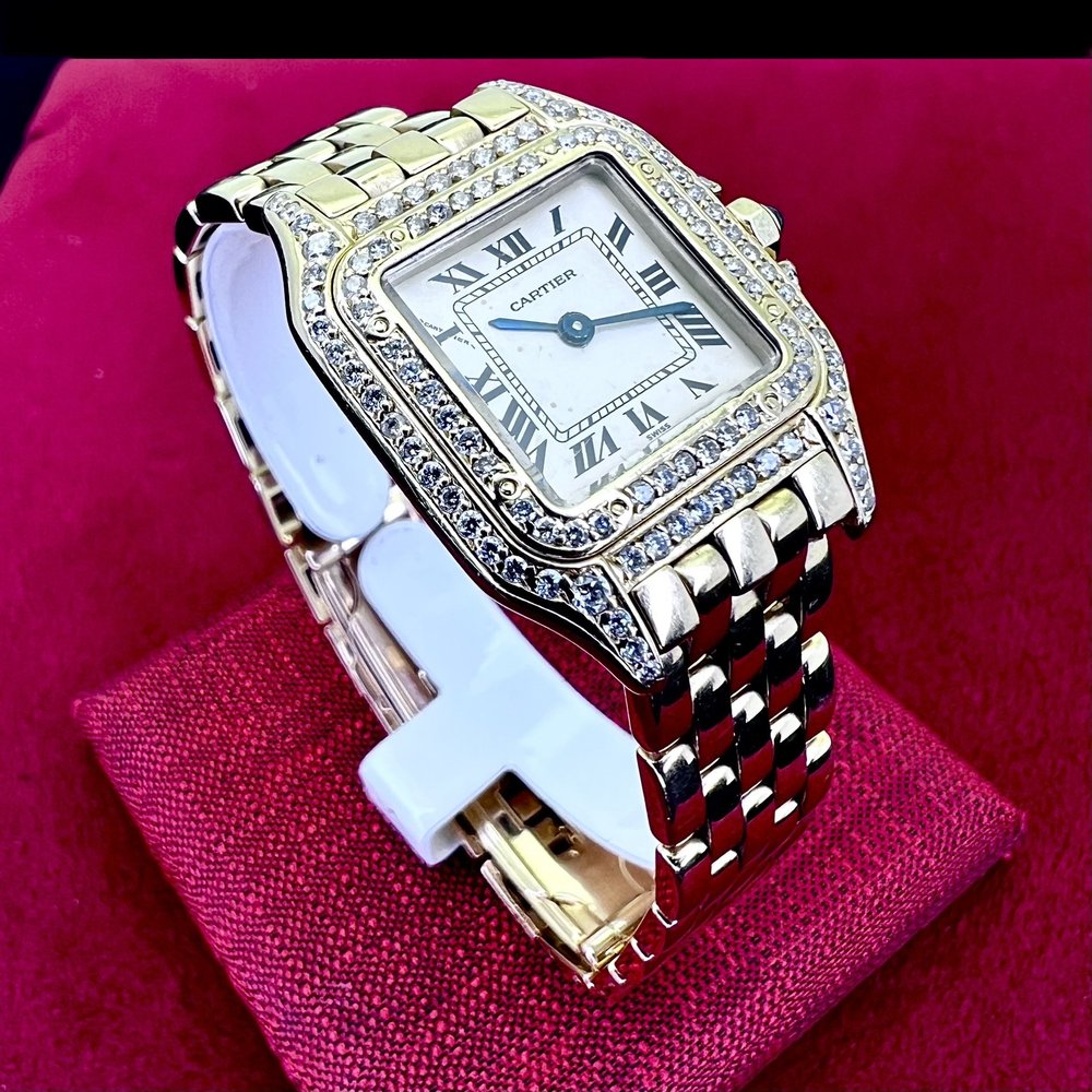 Cartier Panthere 18k YG Double Diamond Bezel Ladies Watch 23MM Box