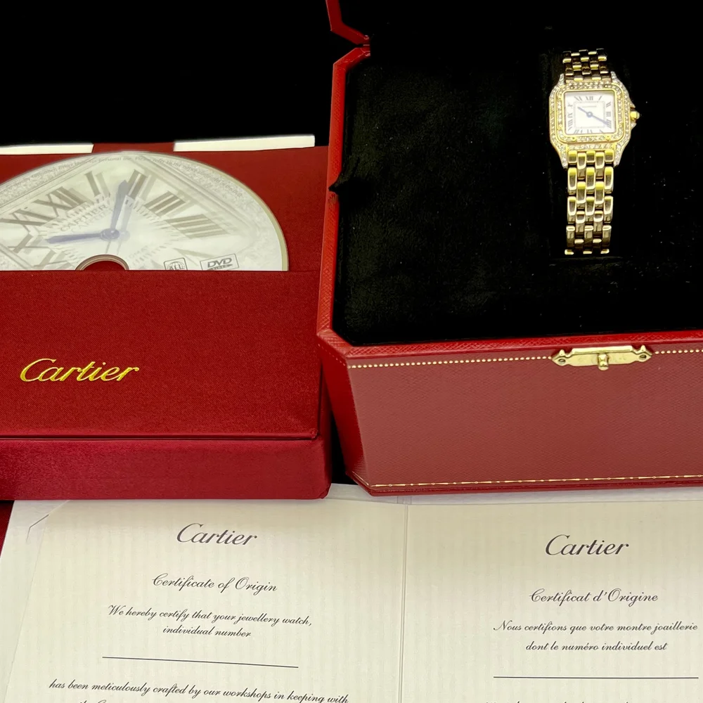 Cartier Panthere 18k YG Double Diamond Bezel Ladies Watch 23MM Box