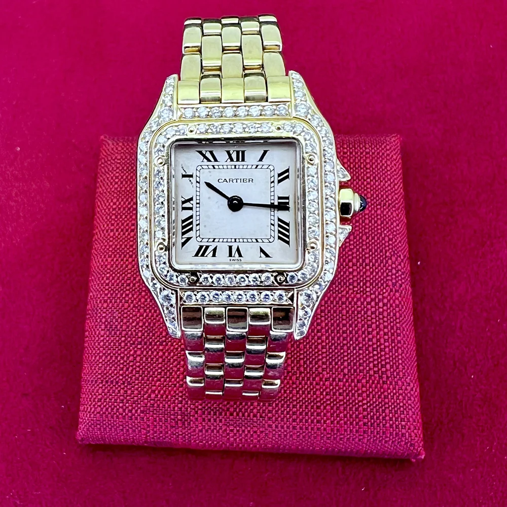 Cartier Panthere 18k YG Double Diamond Bezel Ladies Watch 23MM Box