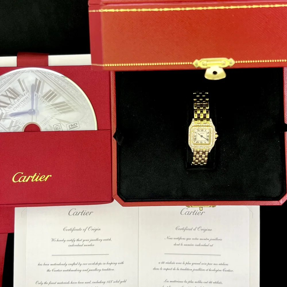 Cartier Panthere 18k YG Double Diamond Bezel Ladies Watch 23MM Box