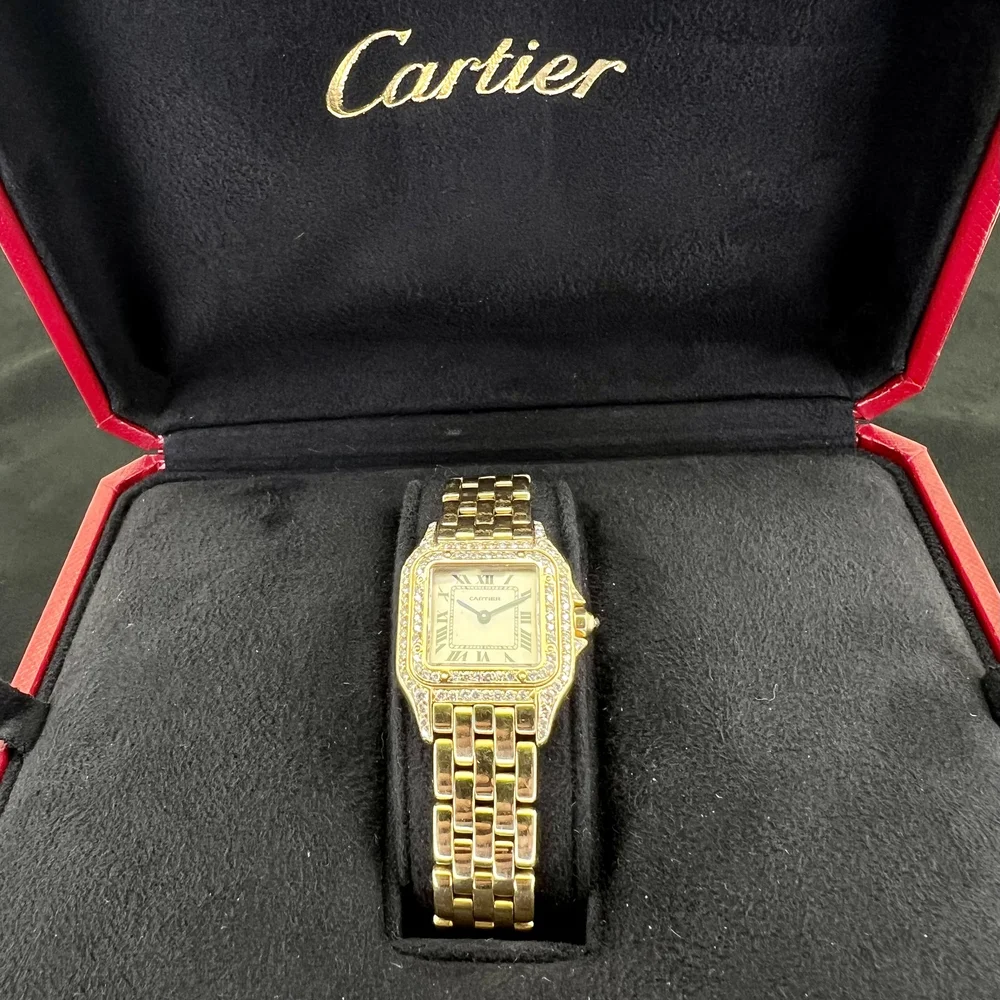 Cartier Panthere 18k YG Double Diamond Bezel Ladies Watch 23MM Box