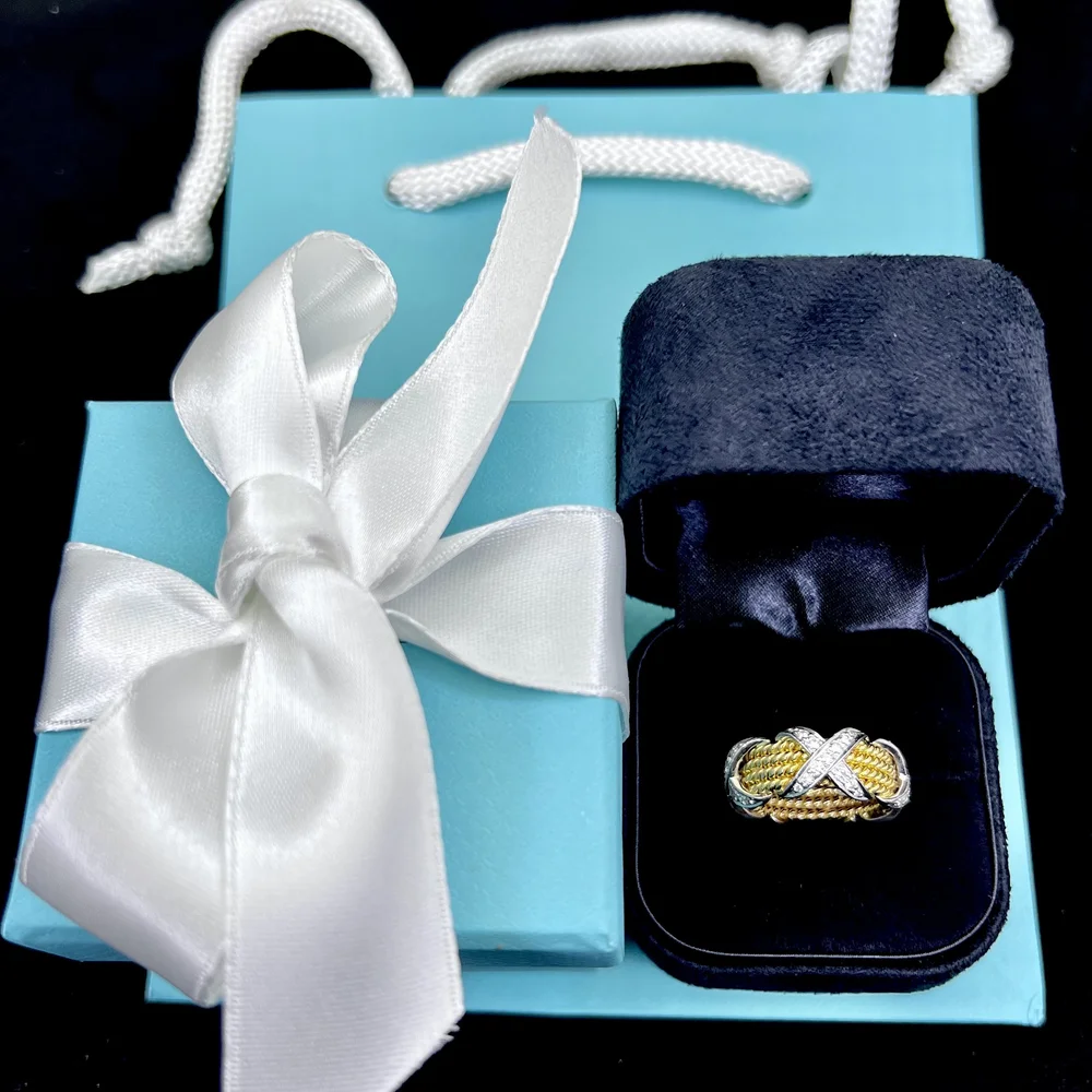 TIFFANY & CO SCHLUMBERGER 18K YG & PLAT ROPE 4 ROW DIAMOND X RING
