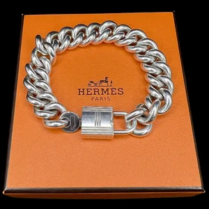 Rare Vintage HERMES Heavy Sterling Silver Lock Bracelet with Box
