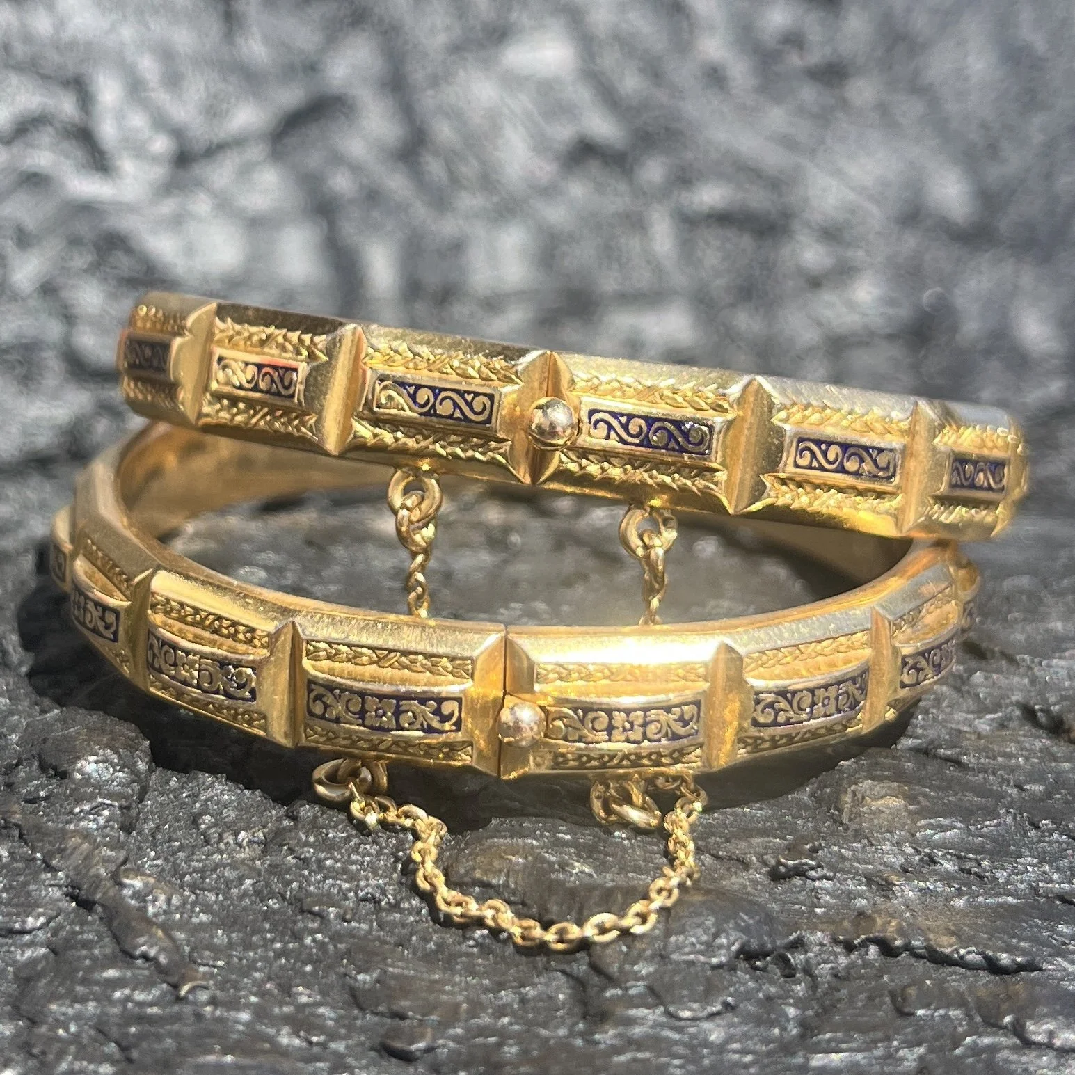 2 VICTORIAN PORTUGESE 19K YELLOW GOLD ENAMEL WEDDING BRACELET PAIR