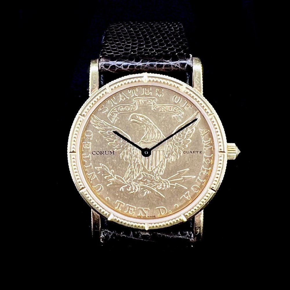 CORUM 10 DOLLAR COIN 18K YELLOW GOLD LEATHER STRAP QUARTZ YEAR